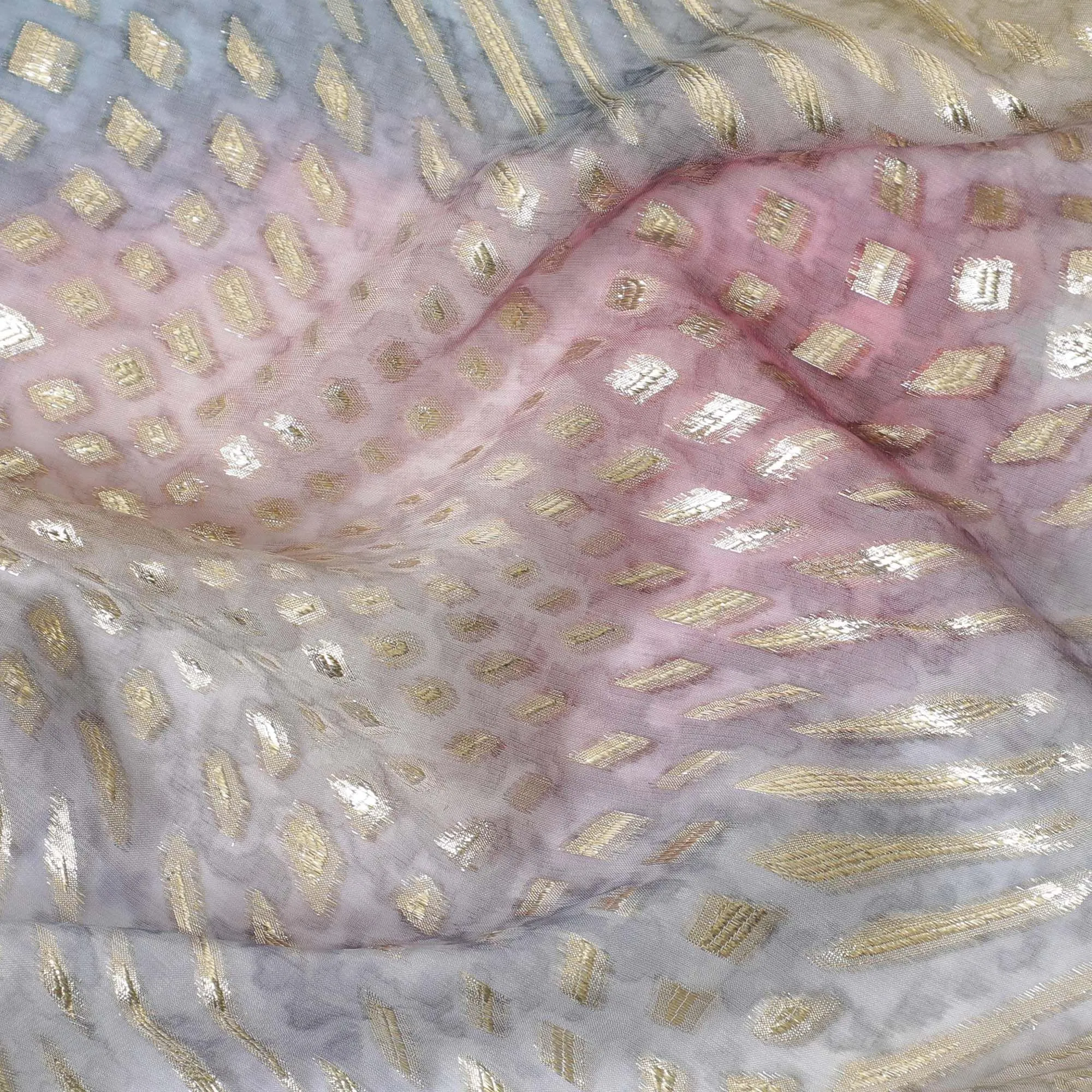 Multicolor Premium pure printed silk chiffon fabric with gold and silver metallic lurex in abstract design-D12427