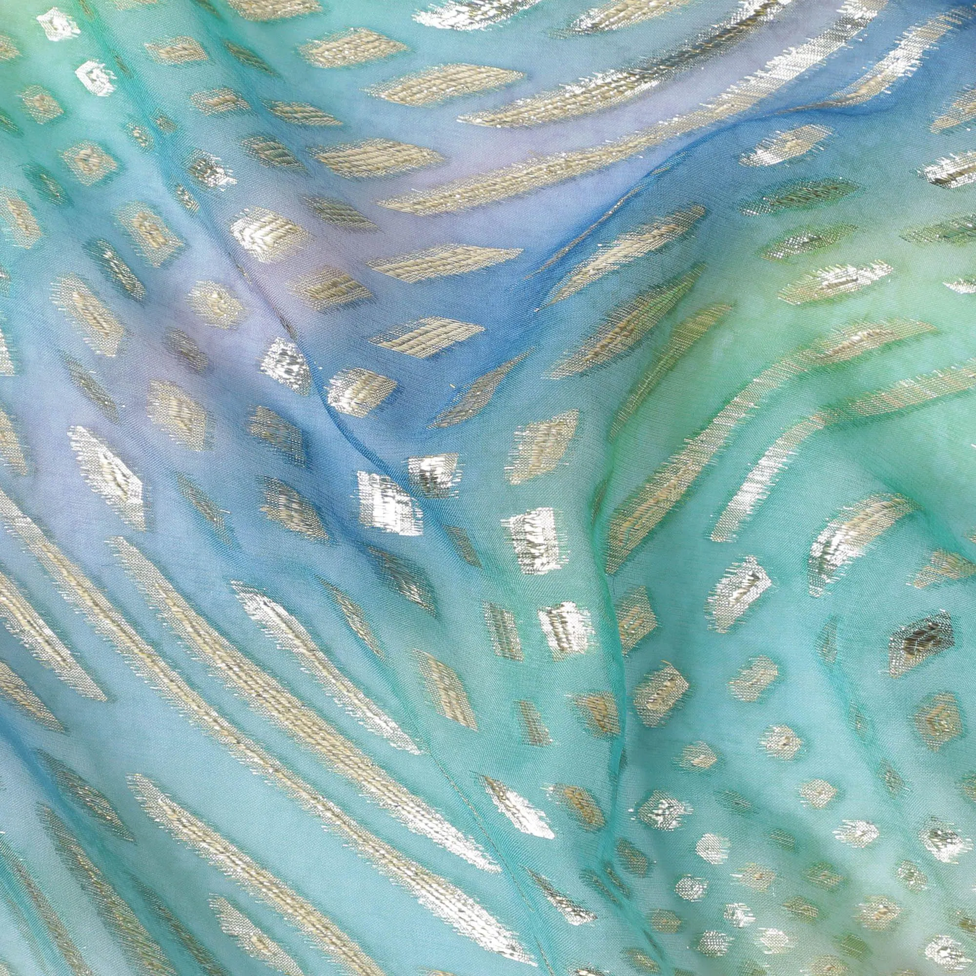 Multicolor Premium pure printed silk chiffon fabric with gold and silver metallic lurex in abstract design-D12429