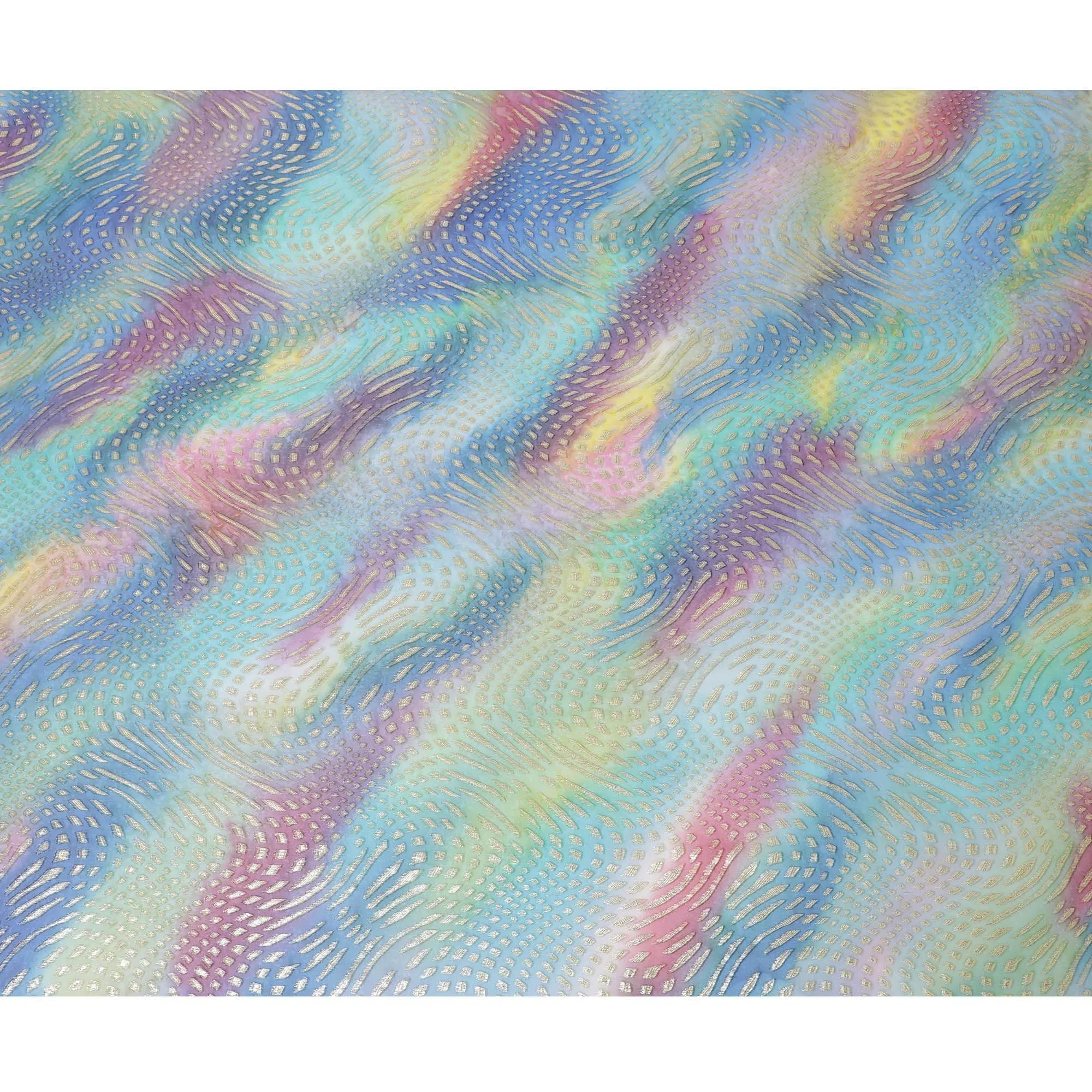Multicolor Premium pure printed silk chiffon fabric with gold and silver metallic lurex in abstract design-D12429