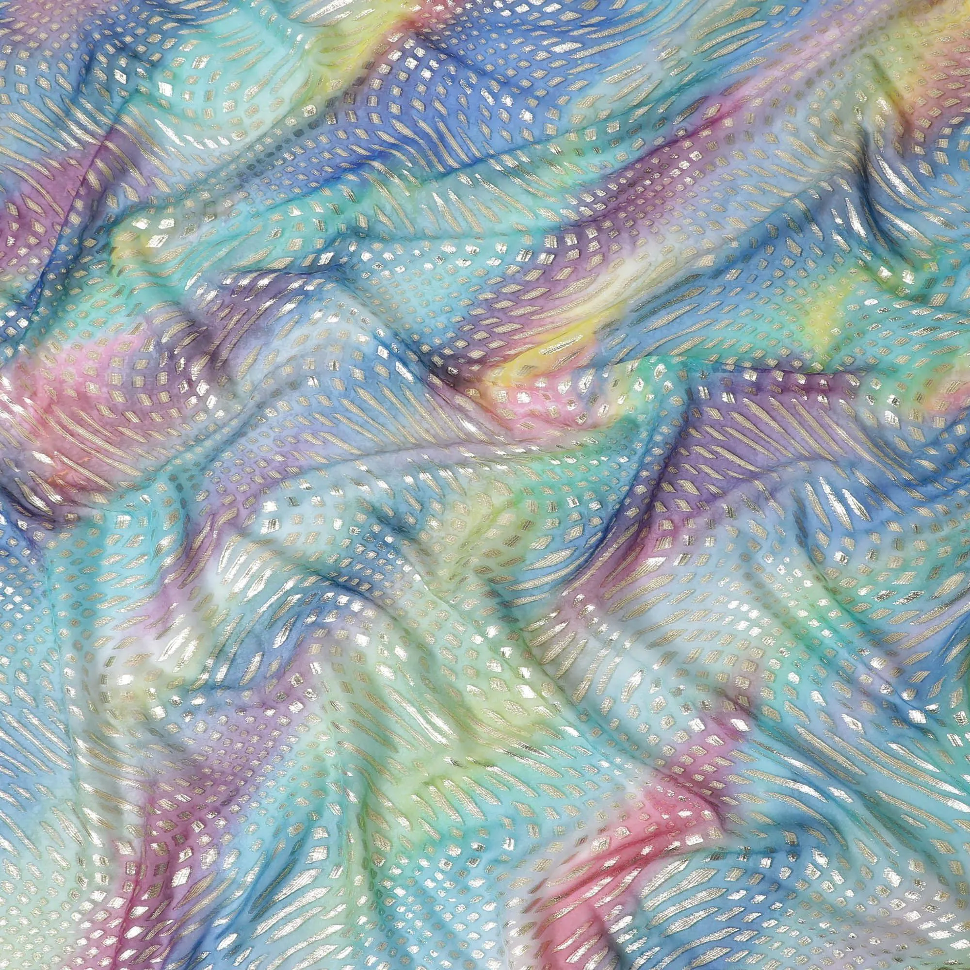 Multicolor Premium pure printed silk chiffon fabric with gold and silver metallic lurex in abstract design-D12429