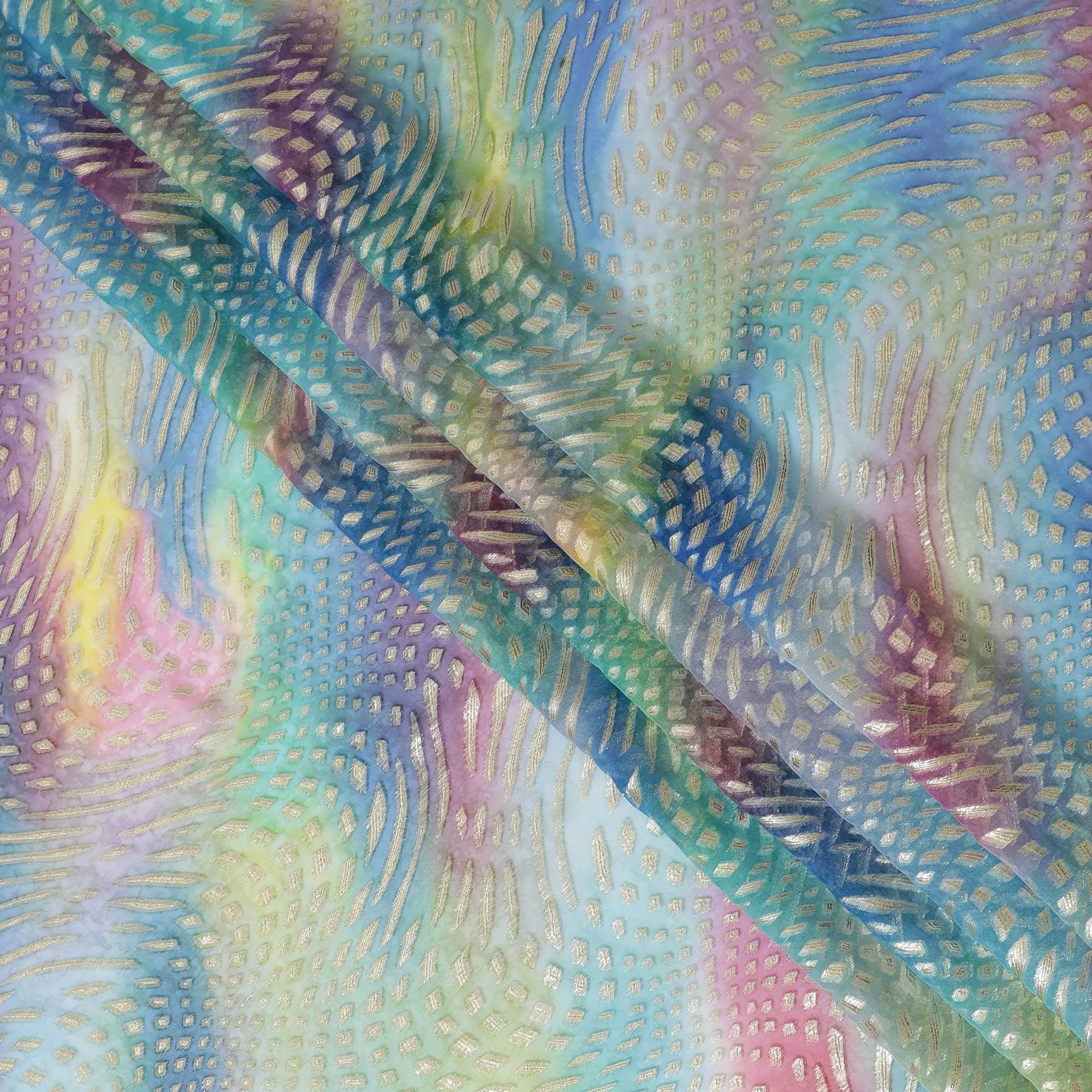 Multicolor Premium pure printed silk chiffon fabric with gold and silver metallic lurex in abstract design-D12429
