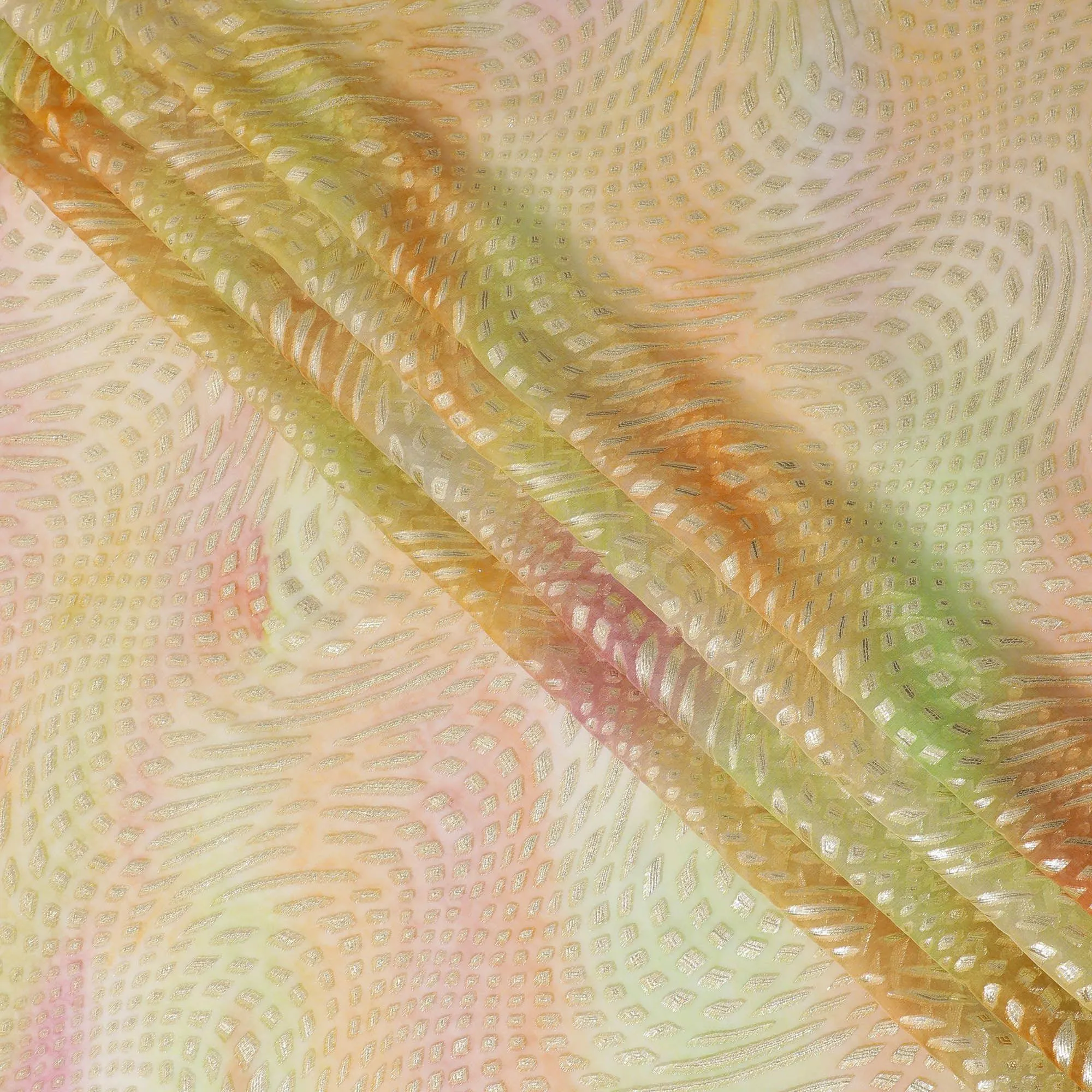 Multicolor Premium pure printed silk chiffon fabric with gold and silver metallic lurex in abstract design-D12430
