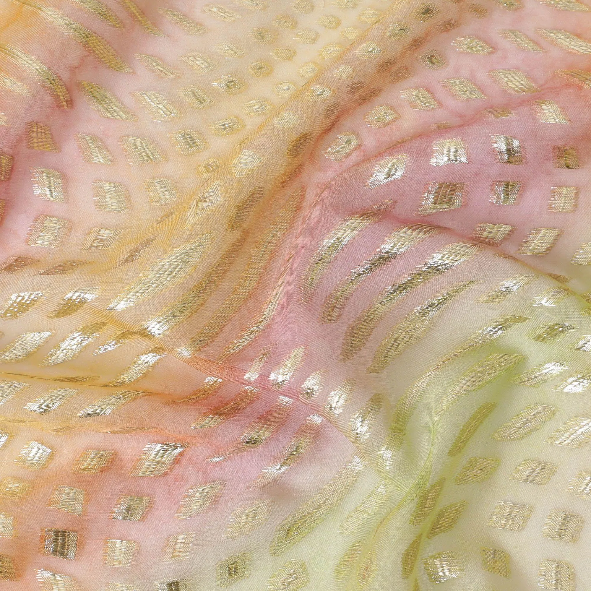 Multicolor Premium pure printed silk chiffon fabric with gold and silver metallic lurex in abstract design-D12430