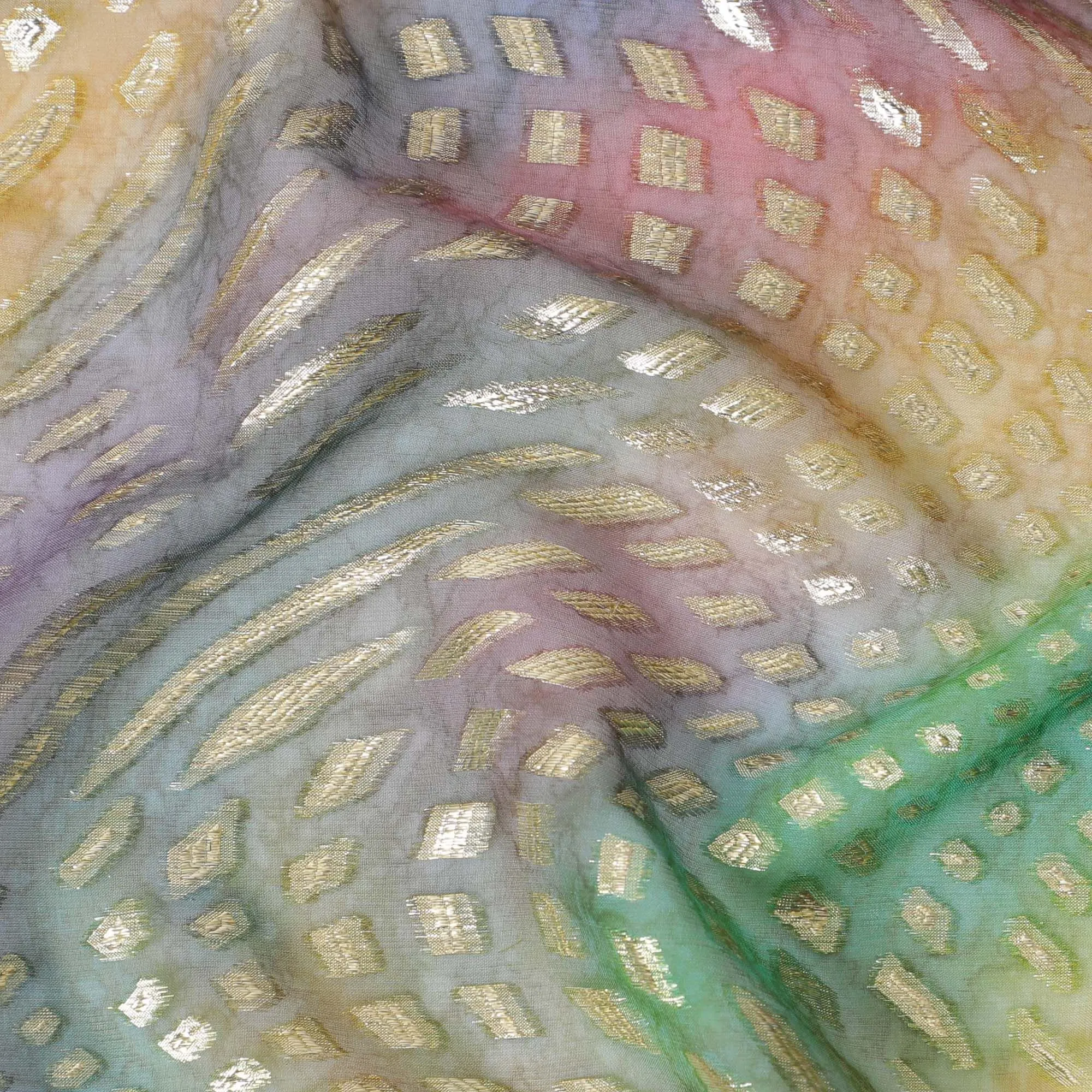 Multicolor Premium pure printed silk chiffon fabric with gold and silver metallic lurex in abstract design-D12431