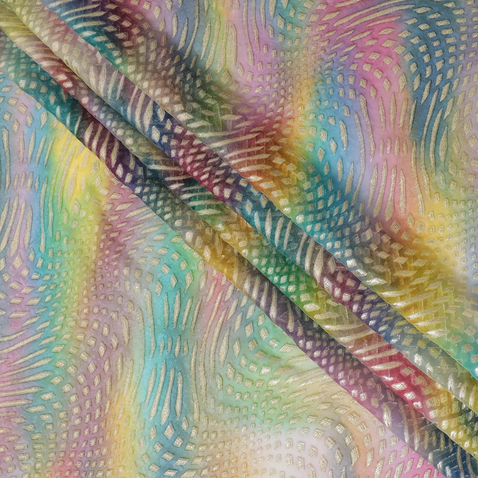 Multicolor Premium pure printed silk chiffon fabric with gold and silver metallic lurex in abstract design-D12431
