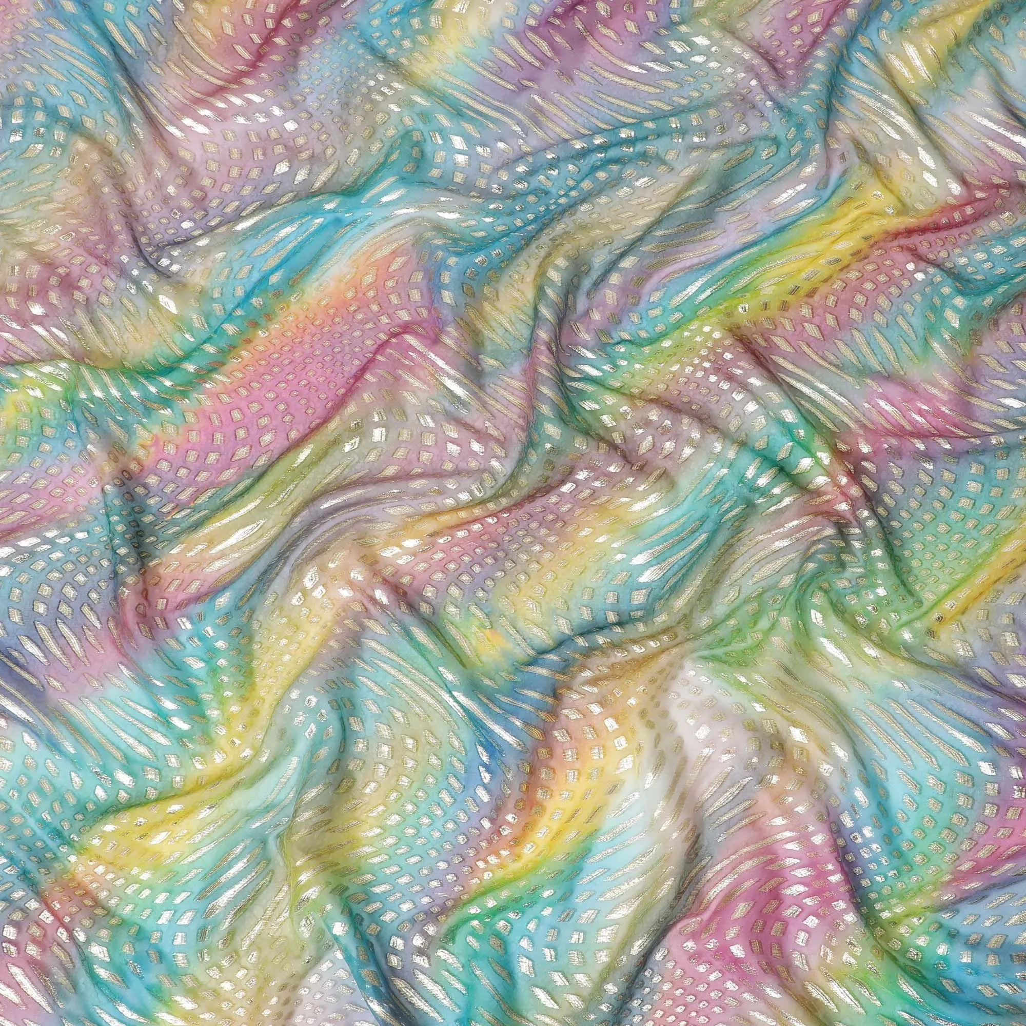 Multicolor Premium pure printed silk chiffon fabric with gold and silver metallic lurex in abstract design-D12431
