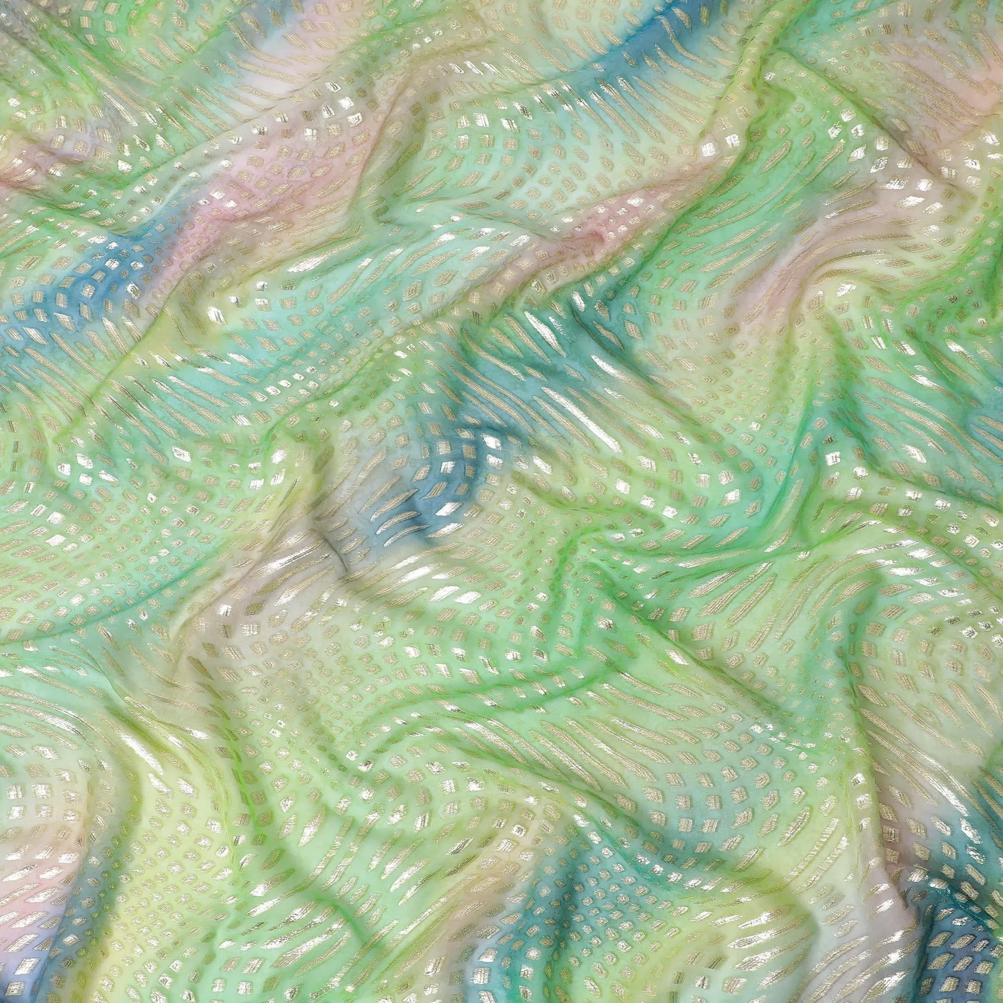 Multicolor Premium pure printed silk chiffon fabric with gold and silver metallic lurex in abstract design-D12432