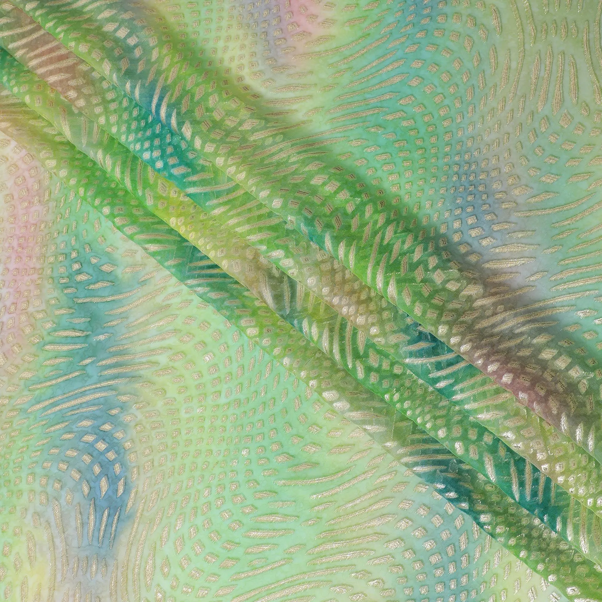 Multicolor Premium pure printed silk chiffon fabric with gold and silver metallic lurex in abstract design-D12432