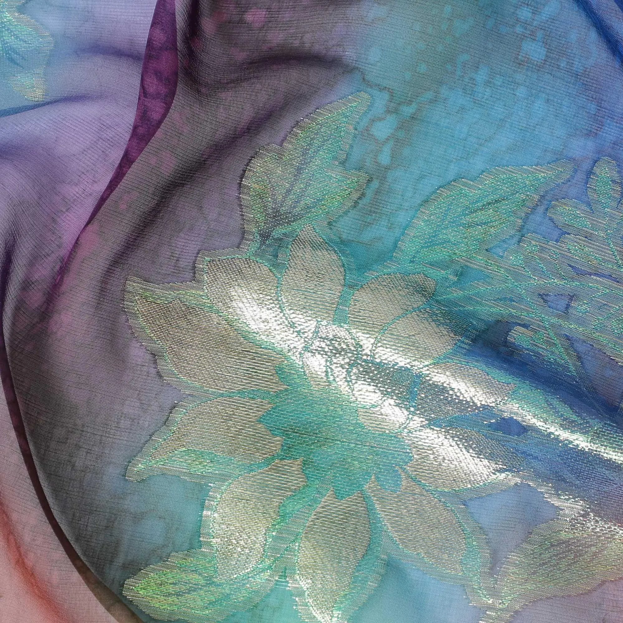 Multicolor Premium pure printed silk chiffon fabric with gold and silver metallic lurex in floral design-D12421