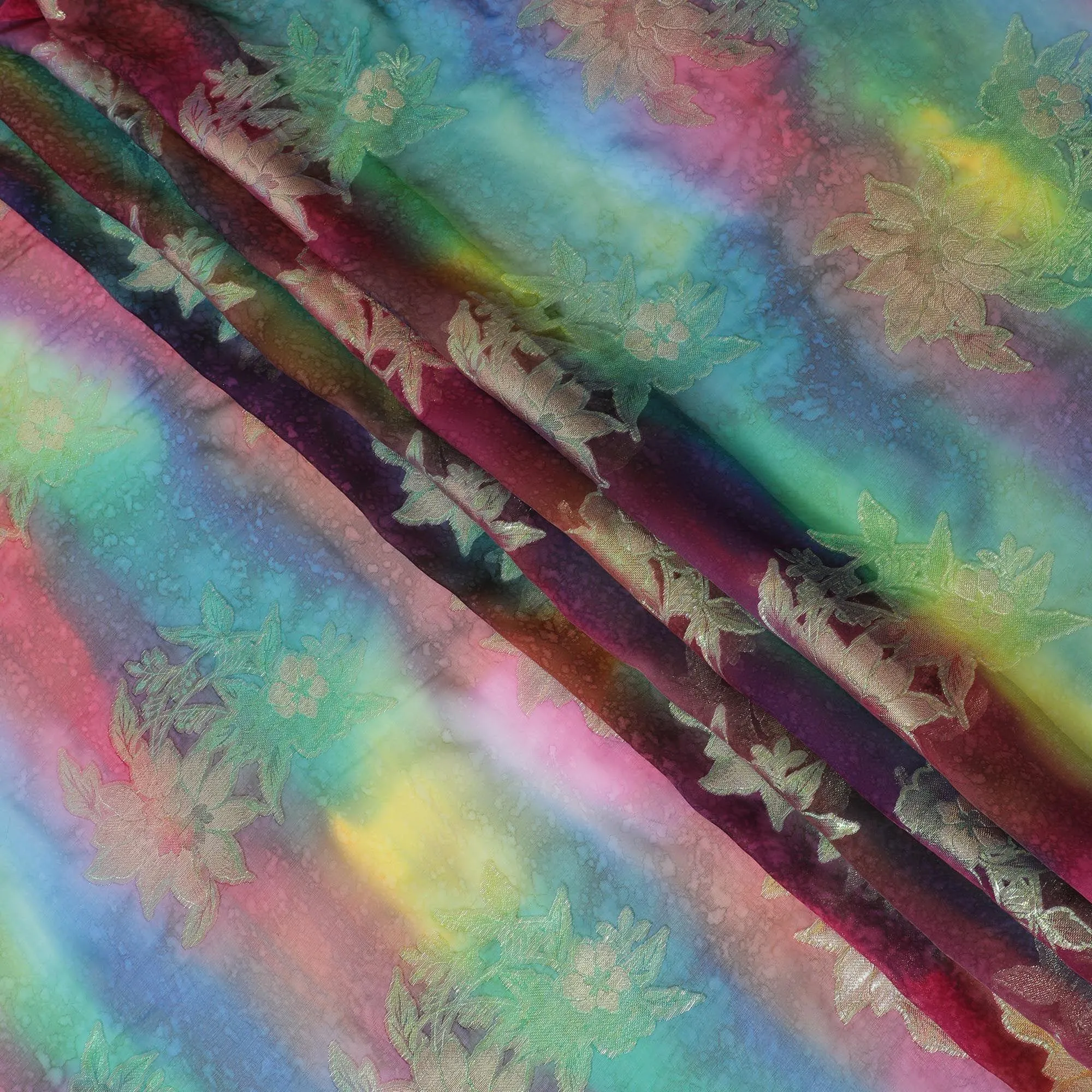 Multicolor Premium pure printed silk chiffon fabric with gold and silver metallic lurex in floral design-D12421