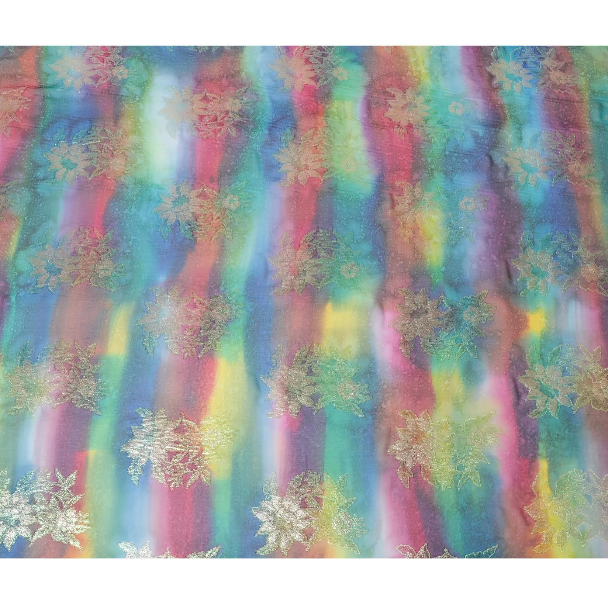 Multicolor Premium pure printed silk chiffon fabric with gold and silver metallic lurex in floral design-D12421
