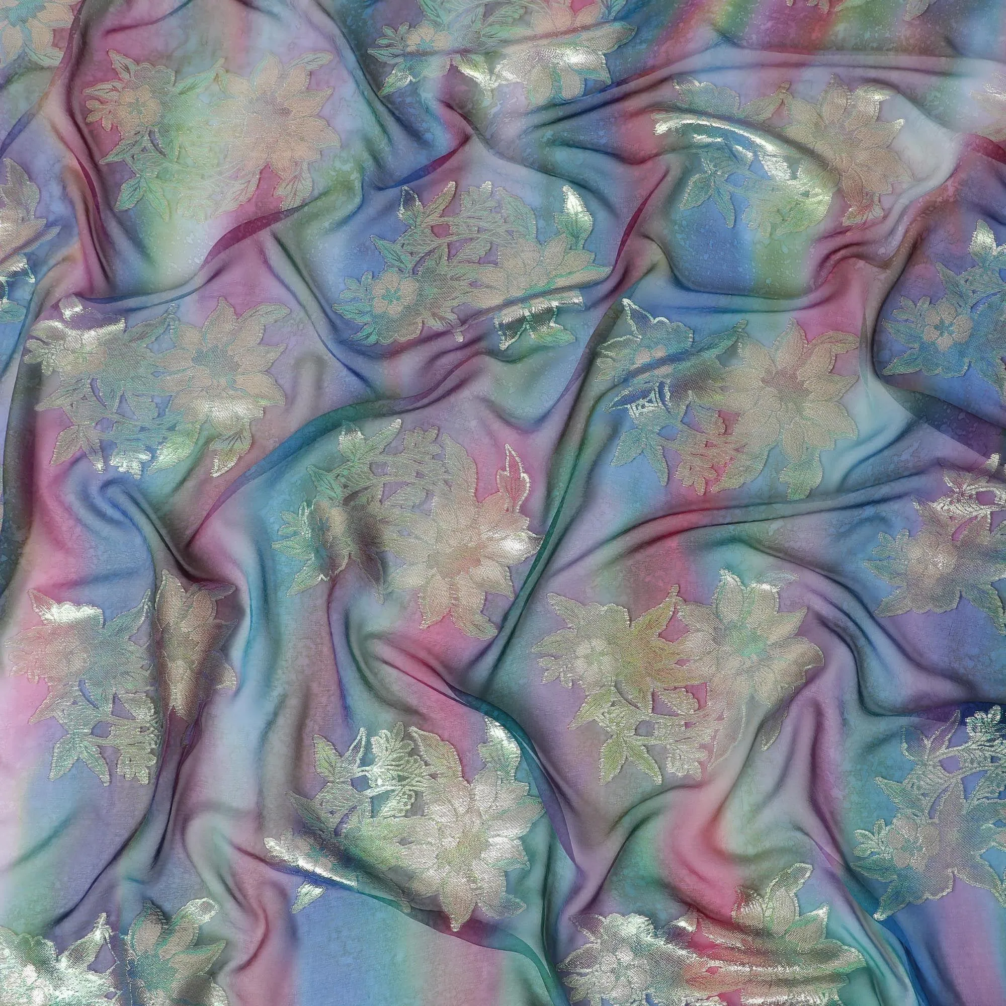 Multicolor Premium pure printed silk chiffon fabric with gold and silver metallic lurex in floral design-D12423