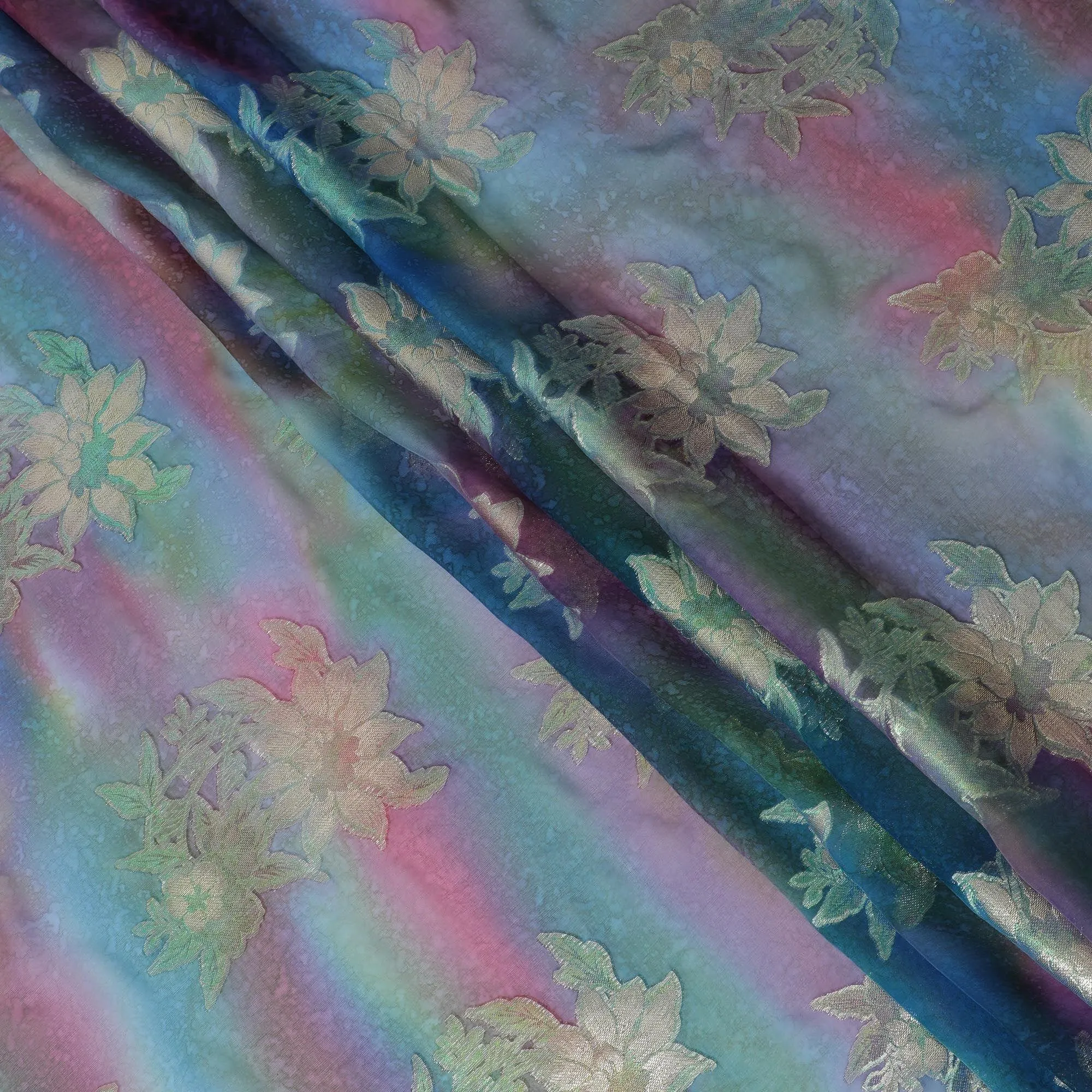 Multicolor Premium pure printed silk chiffon fabric with gold and silver metallic lurex in floral design-D12423