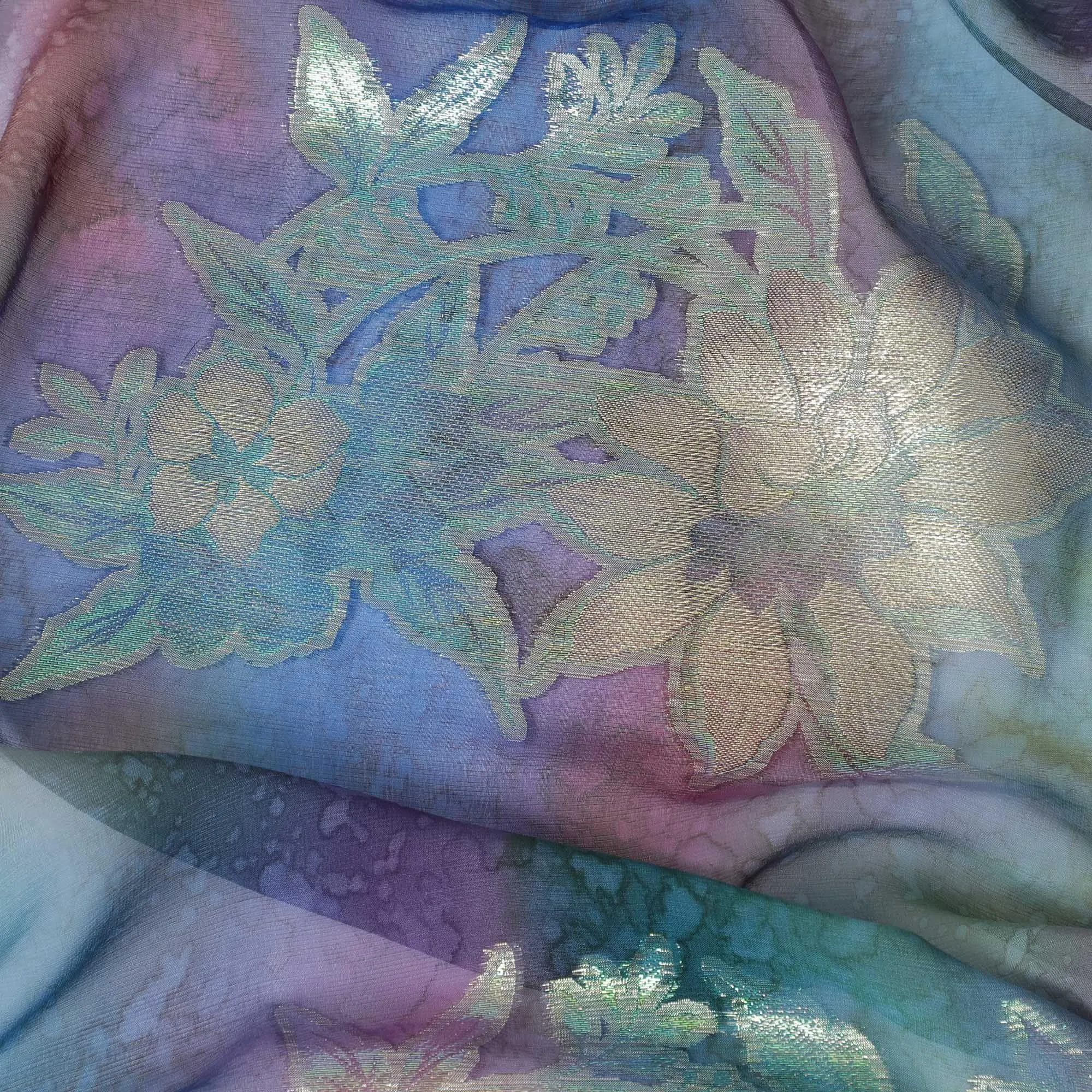 Multicolor Premium pure printed silk chiffon fabric with gold and silver metallic lurex in floral design-D12423