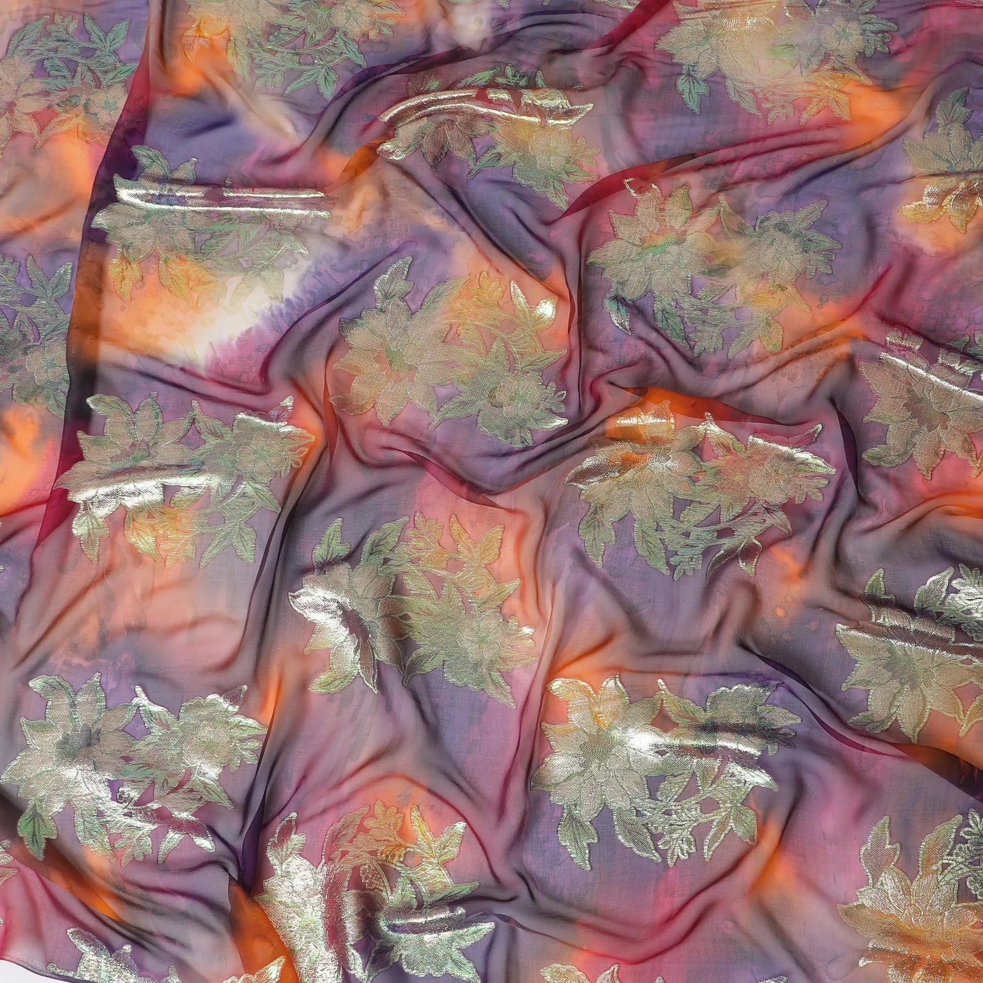 Multicolor Premium pure printed silk chiffon fabric with gold and silver metallic lurex in floral design-D12425