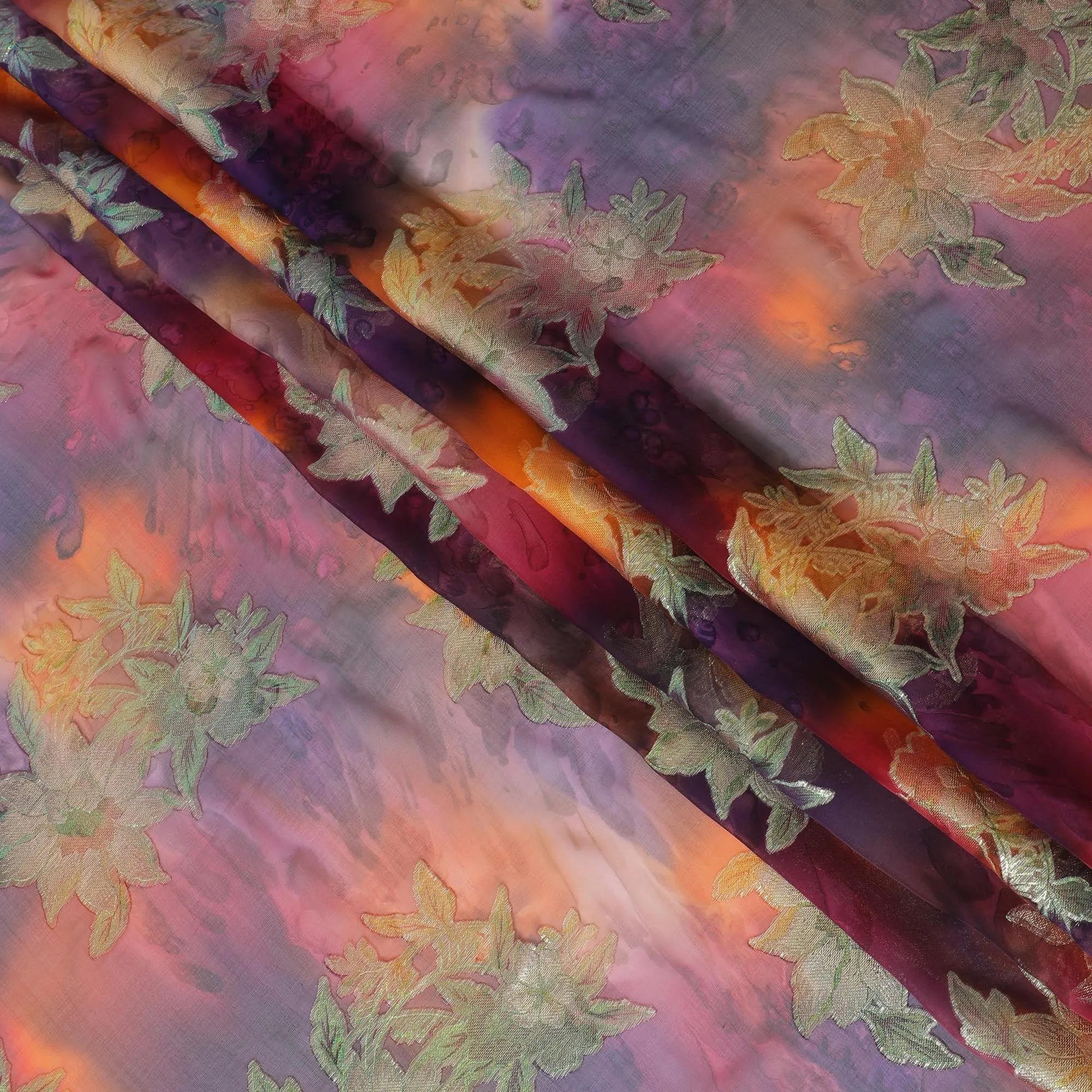 Multicolor Premium pure printed silk chiffon fabric with gold and silver metallic lurex in floral design-D12425