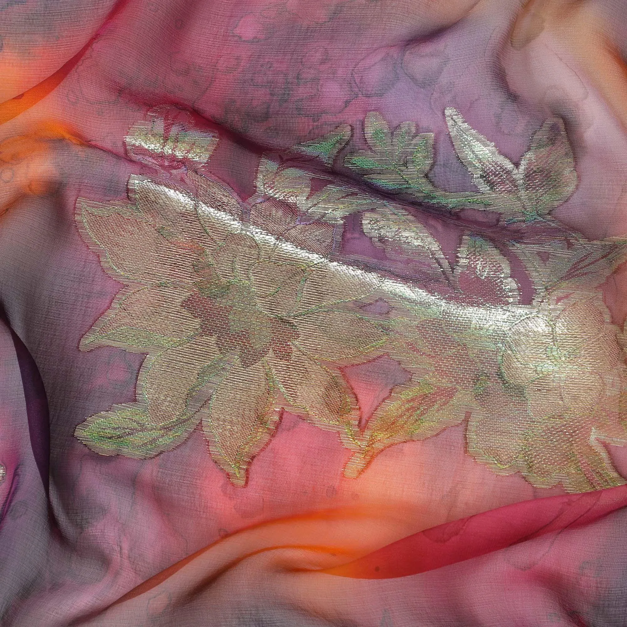 Multicolor Premium pure printed silk chiffon fabric with gold and silver metallic lurex in floral design-D12425