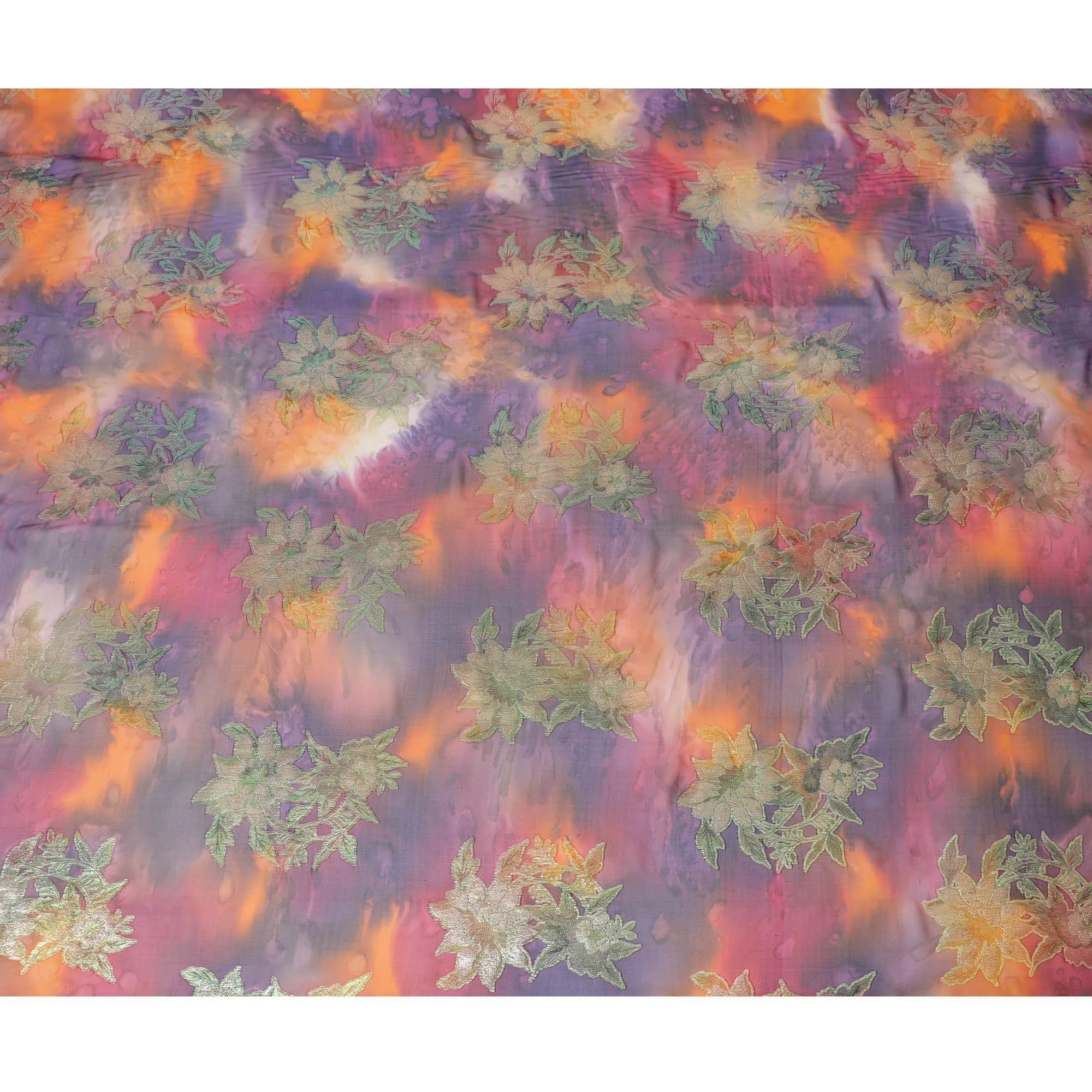 Multicolor Premium pure printed silk chiffon fabric with gold and silver metallic lurex in floral design-D12425
