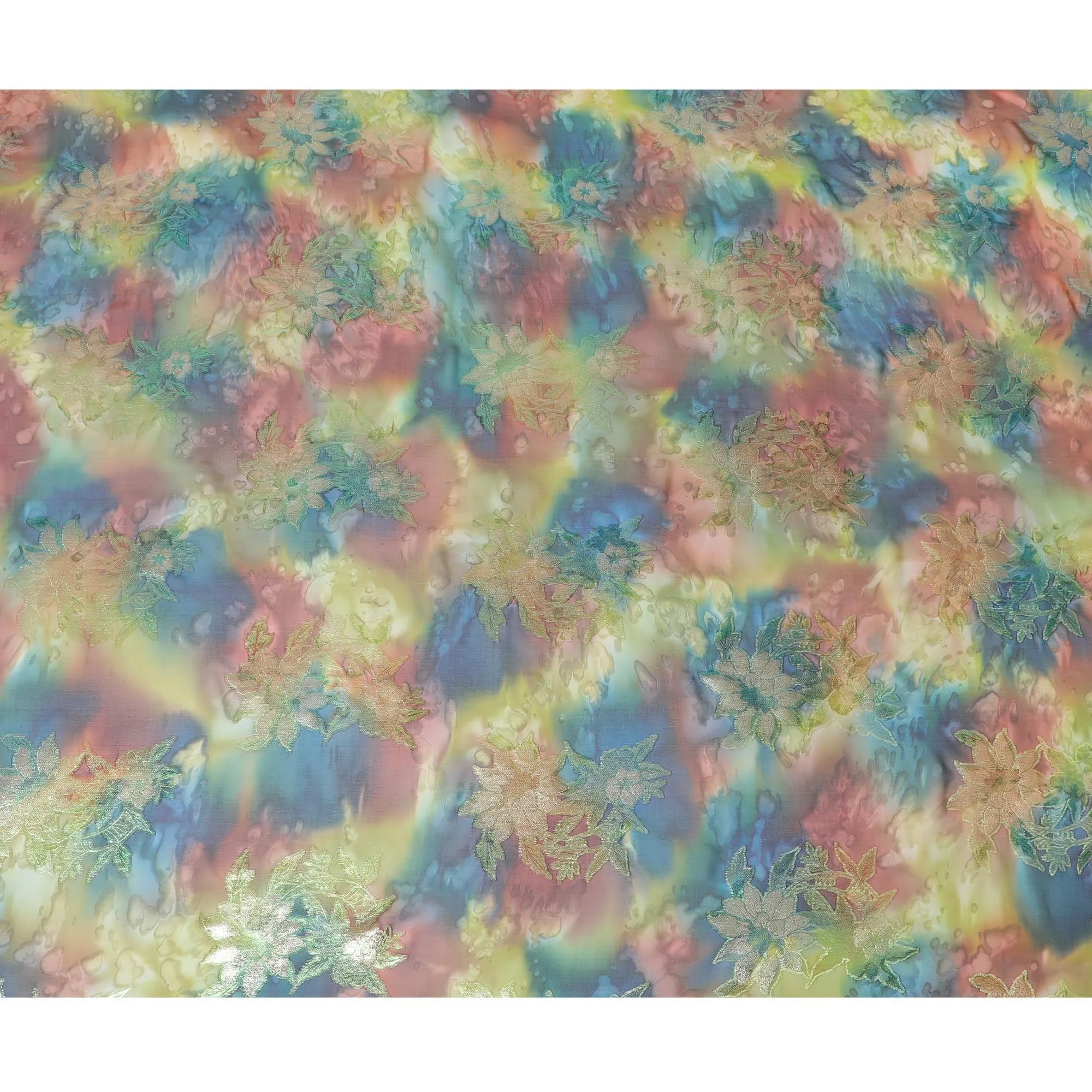 Multicolor Premium pure printed silk chiffon fabric with gold and silver metallic lurex in floral design-D12426