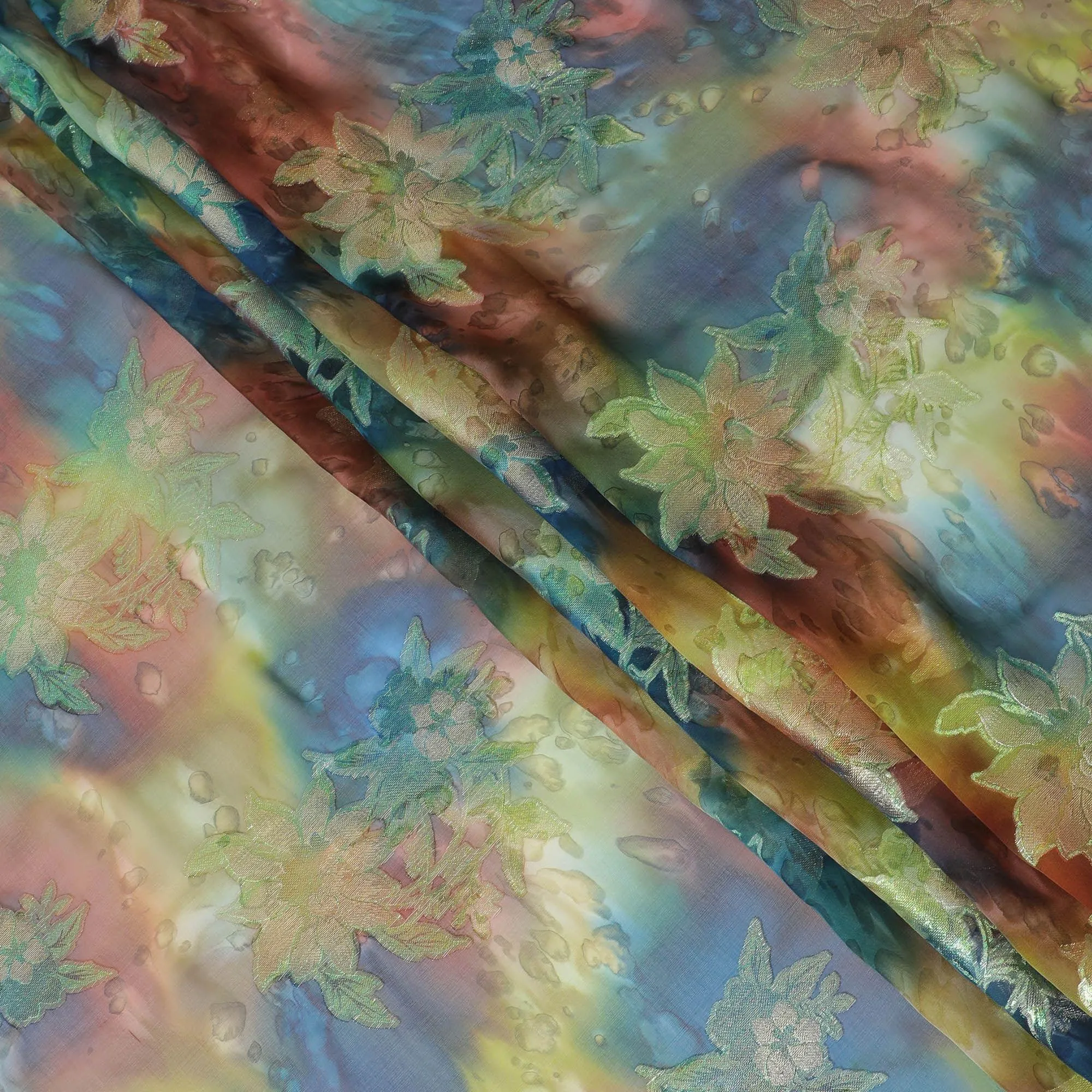 Multicolor Premium pure printed silk chiffon fabric with gold and silver metallic lurex in floral design-D12426