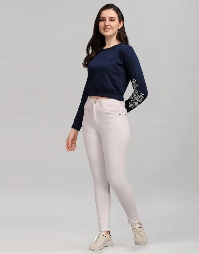 Navy Blue Coloured Cotton Fleece Blend Embroidered Sweatshirt