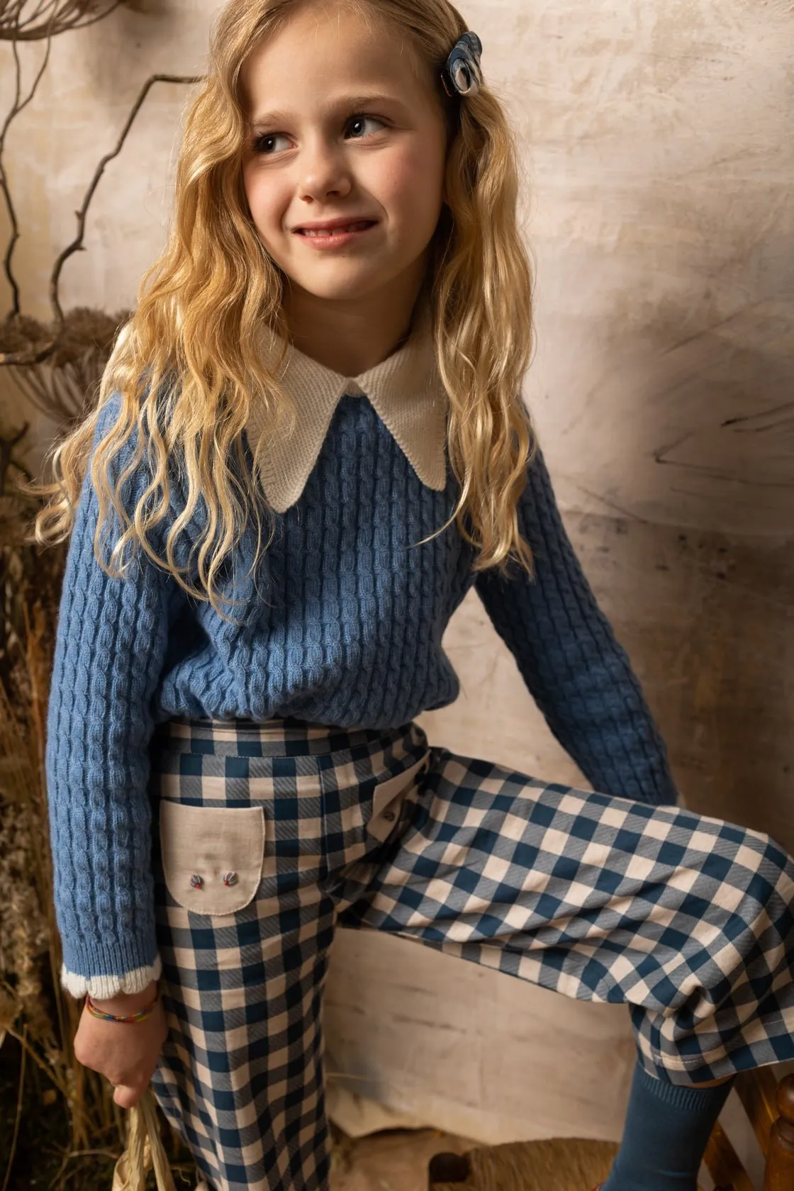 Navy Gingham Flared Trousers by Birinit Petit *LAST PIECE 10 years*