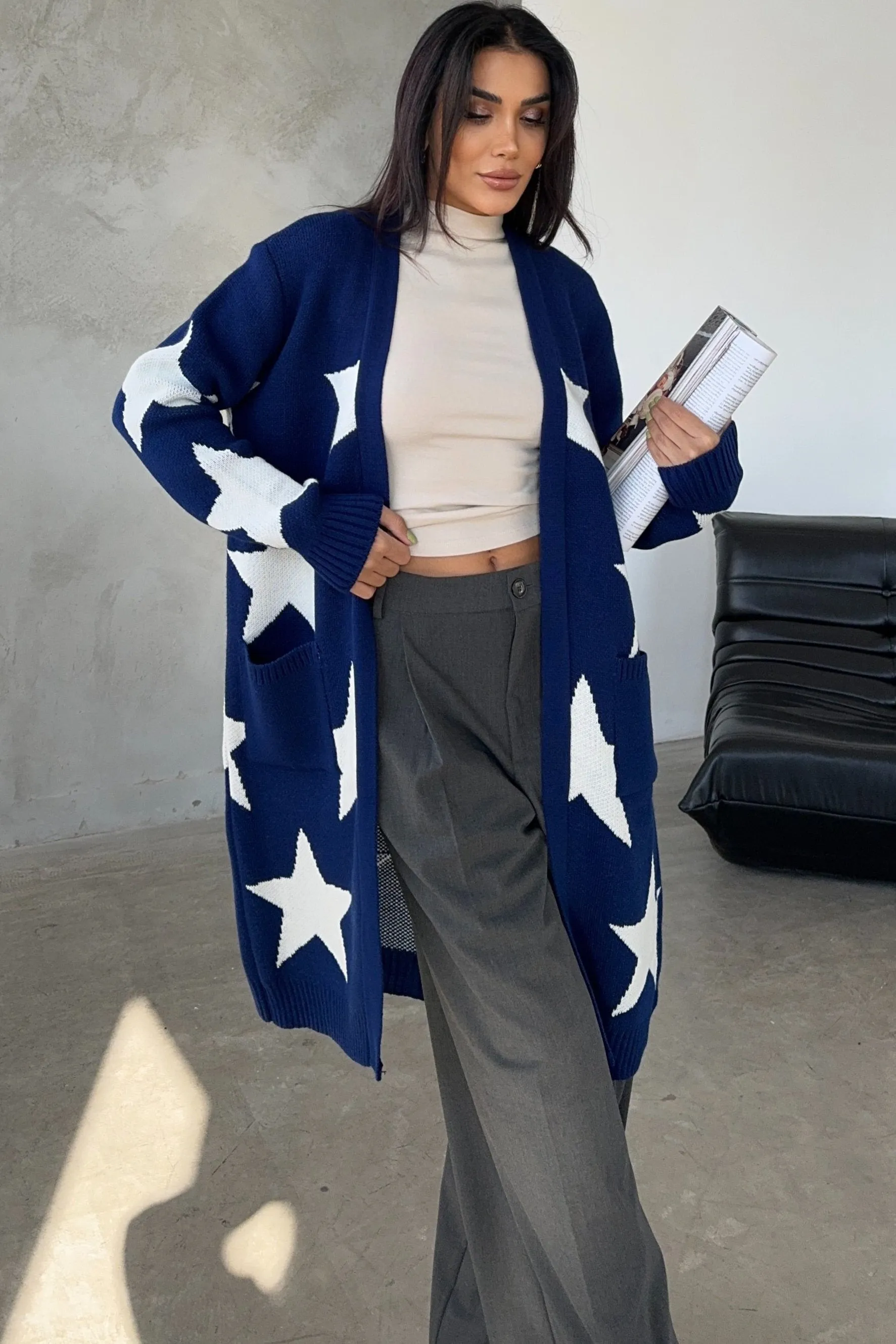 Navy Star-Print Midi Cardigan