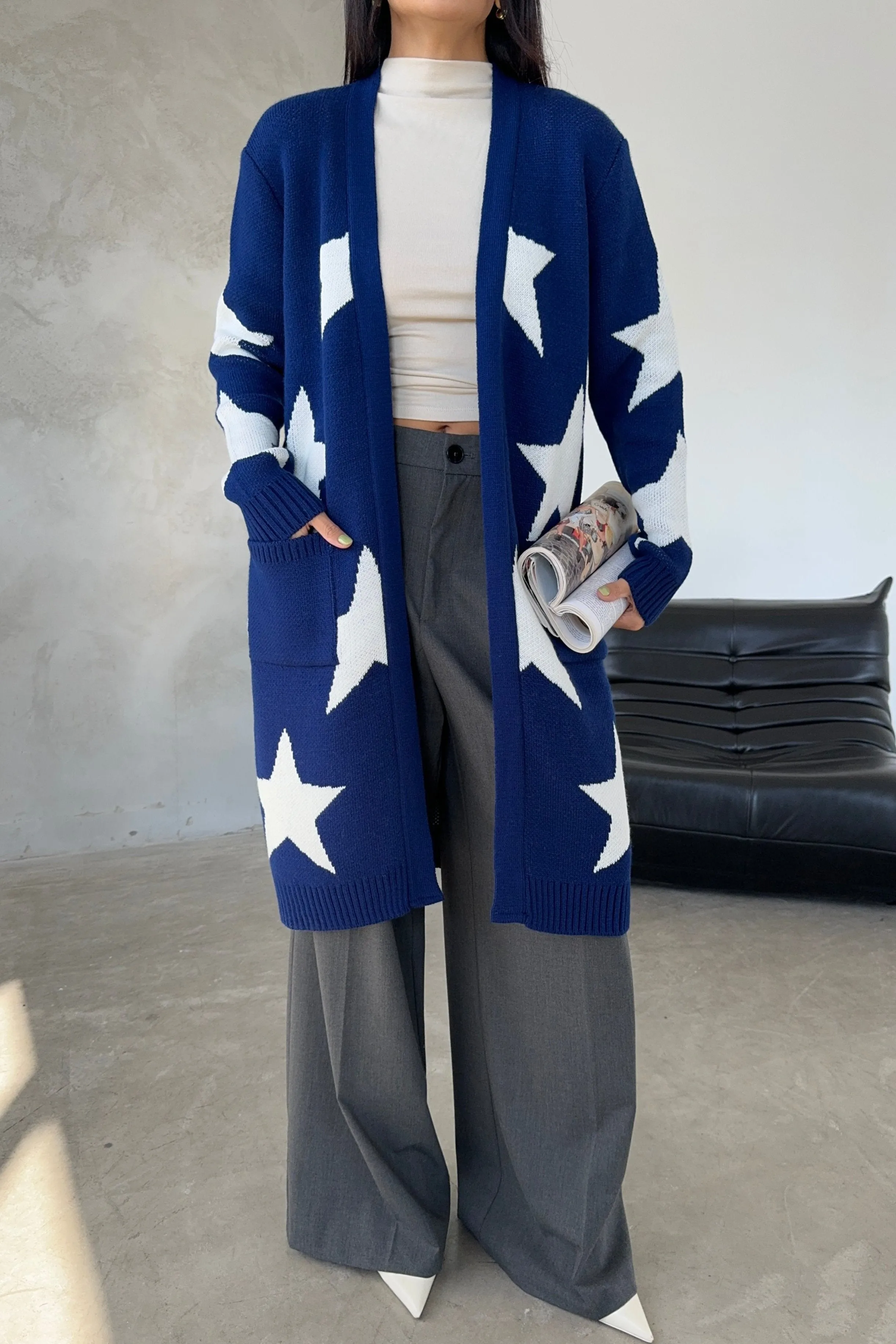 Navy Star-Print Midi Cardigan