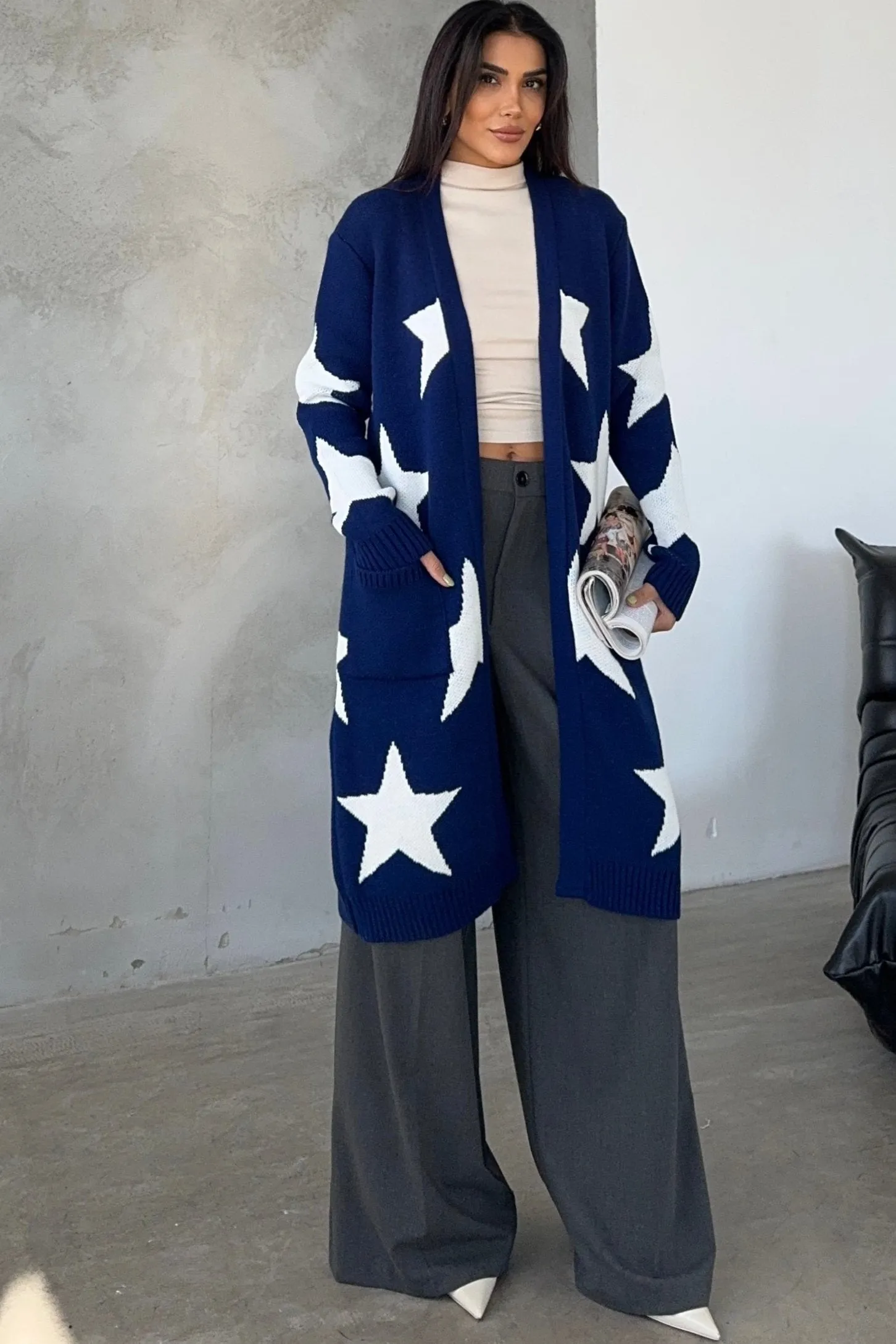 Navy Star-Print Midi Cardigan