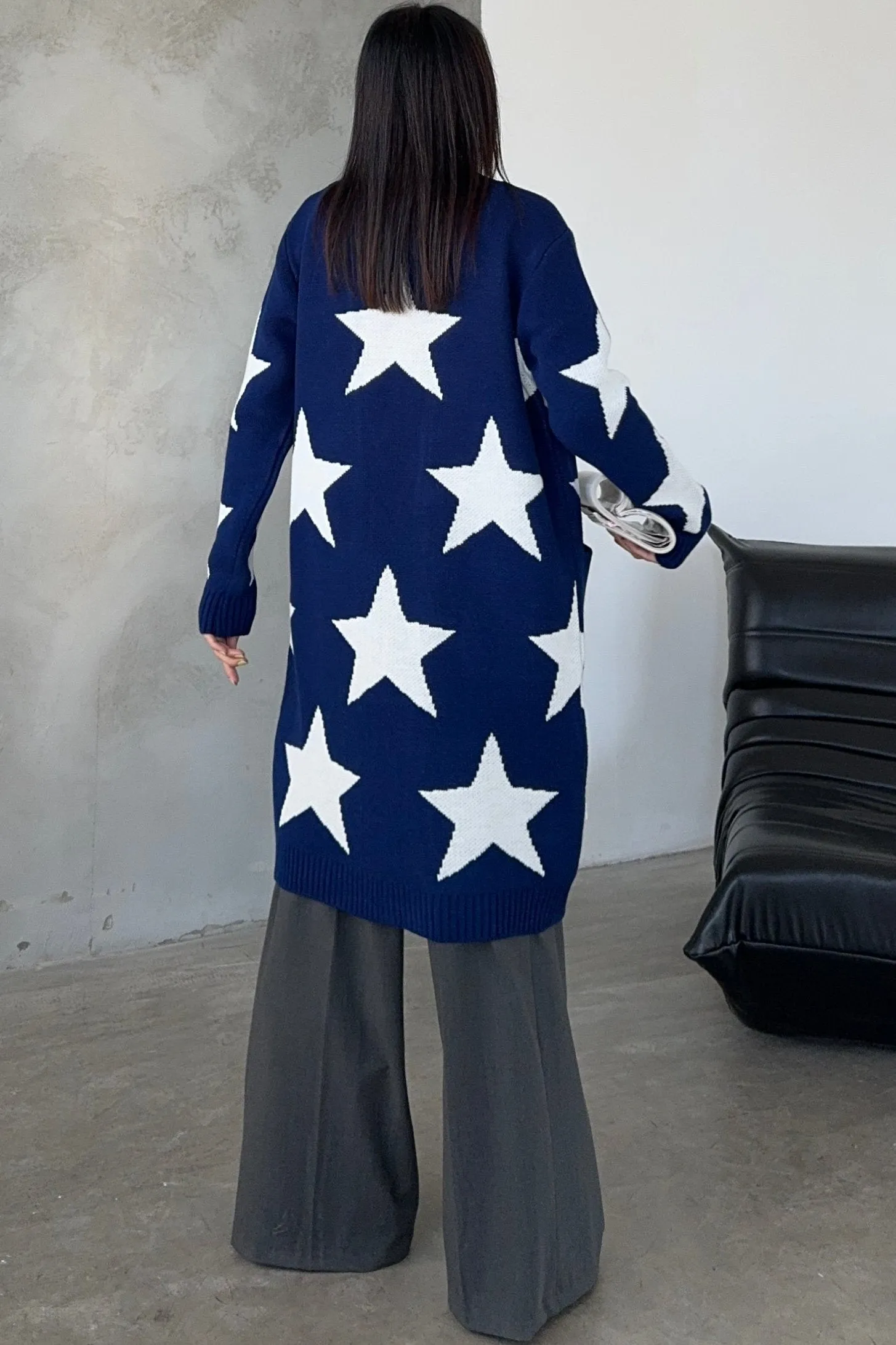 Navy Star-Print Midi Cardigan