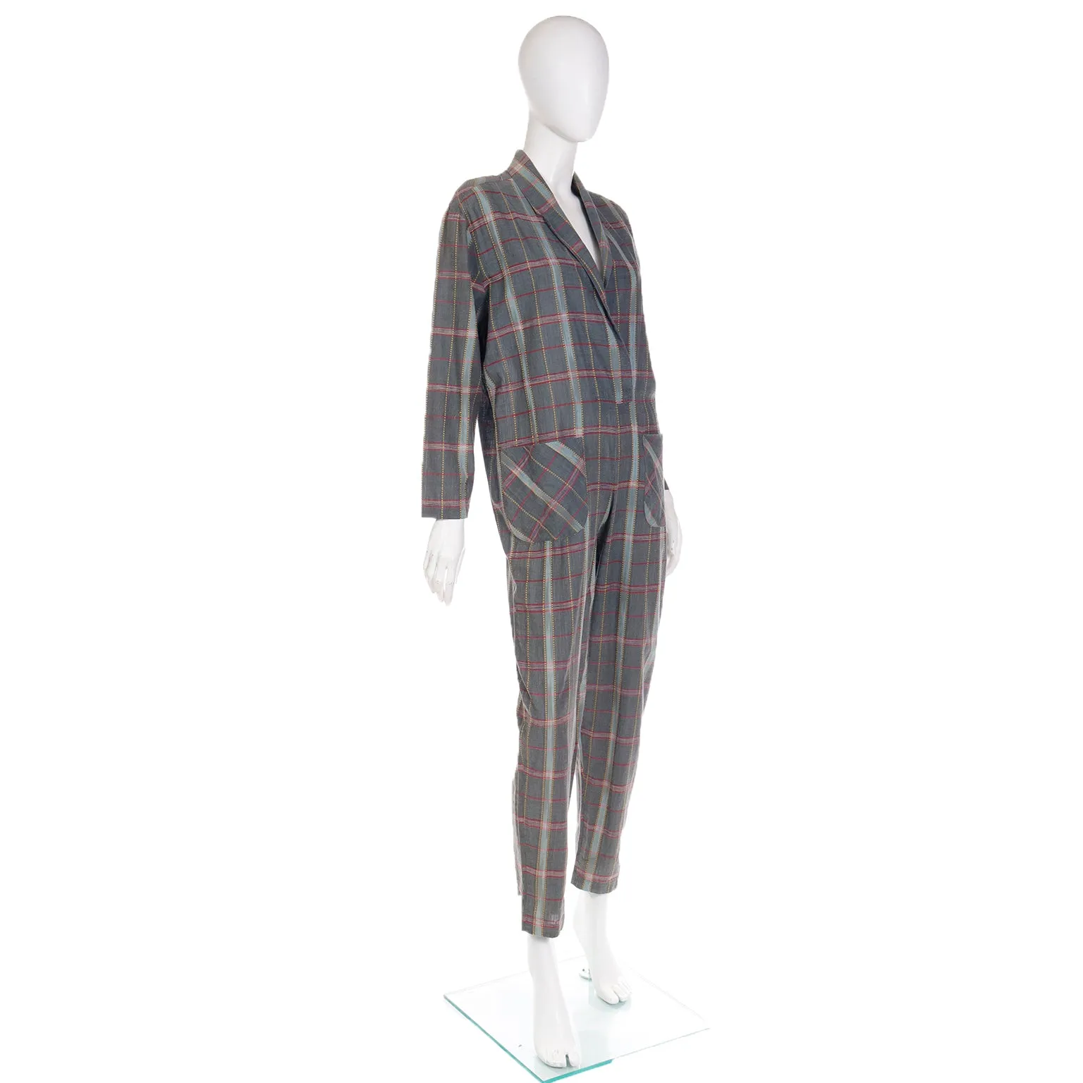 Norma Kamali Vintage 1980s Gray Burgundy Yellow Plaid Jumpsuit