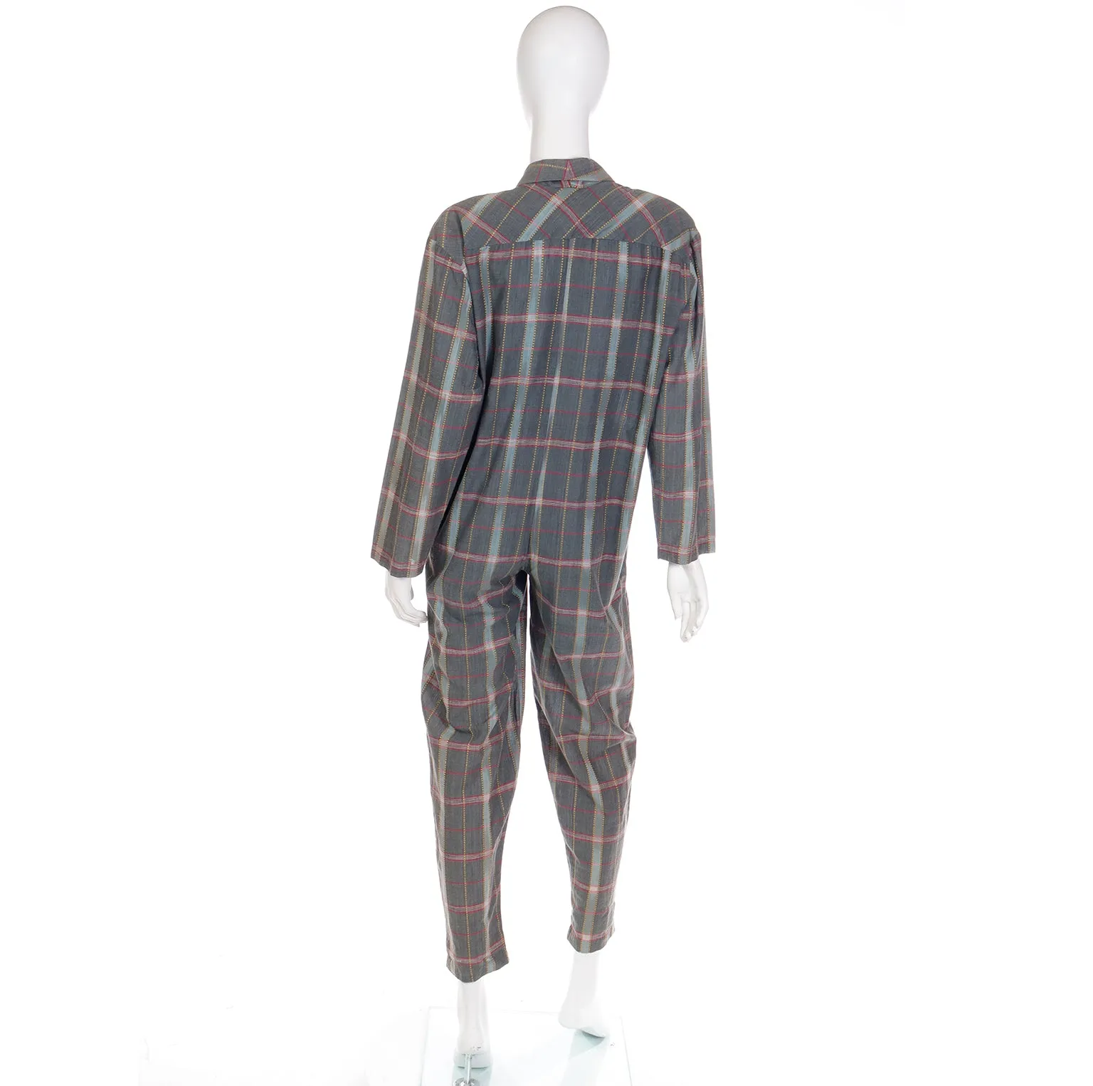 Norma Kamali Vintage 1980s Gray Burgundy Yellow Plaid Jumpsuit