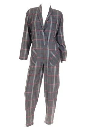 Norma Kamali Vintage 1980s Gray Burgundy Yellow Plaid Jumpsuit