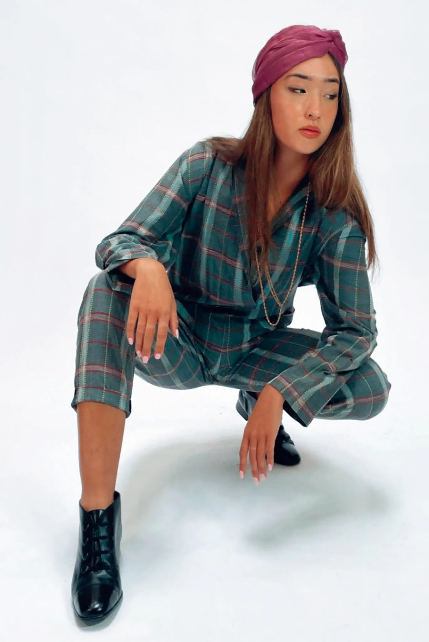 Norma Kamali Vintage 1980s Gray Burgundy Yellow Plaid Jumpsuit