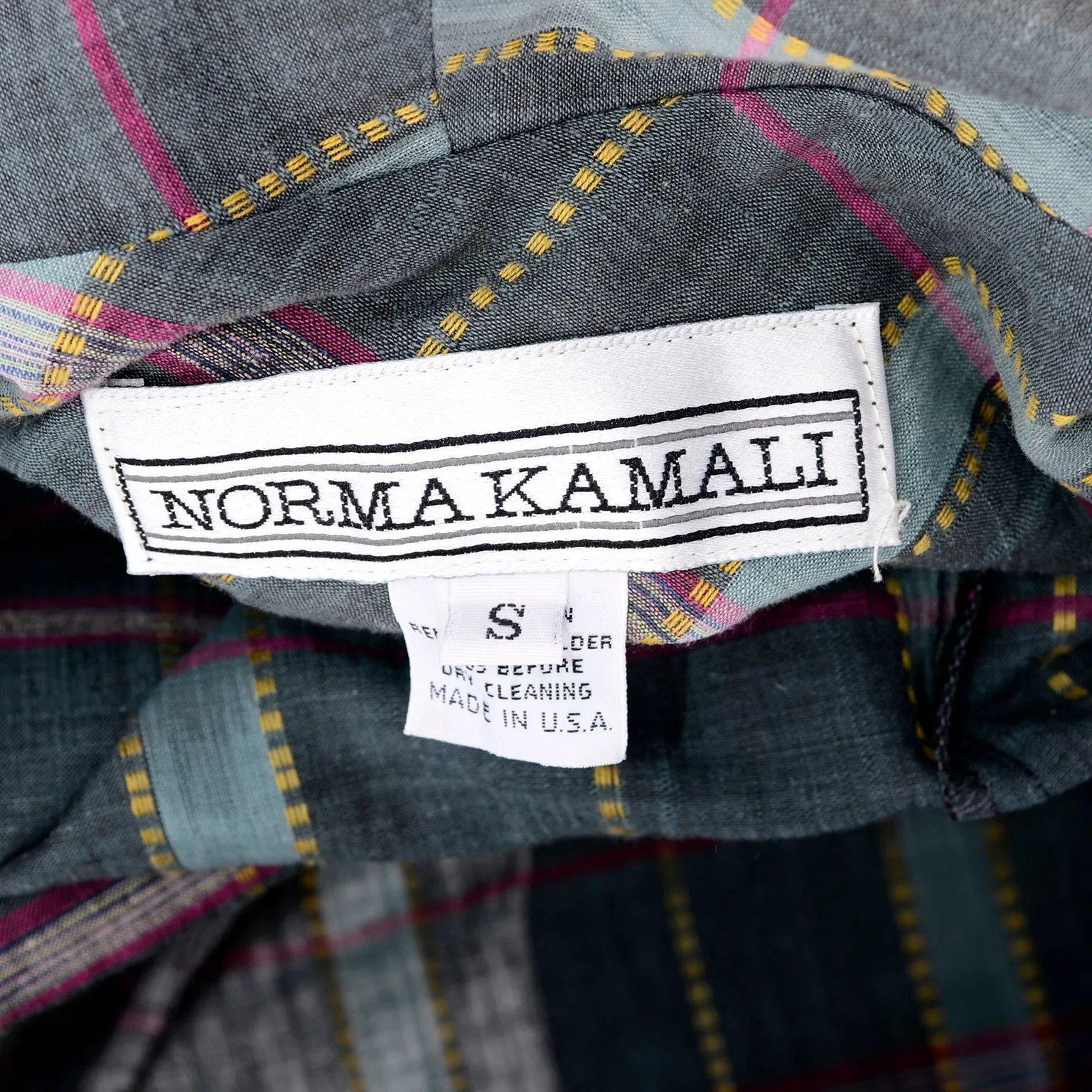 Norma Kamali Vintage 1980s Gray Burgundy Yellow Plaid Jumpsuit