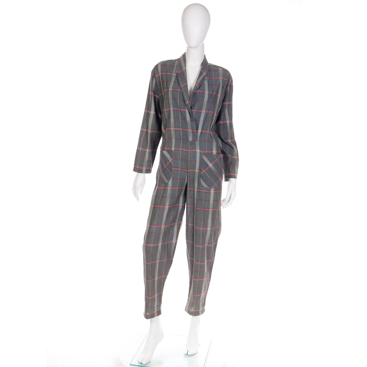 Norma Kamali Vintage 1980s Gray Burgundy Yellow Plaid Jumpsuit