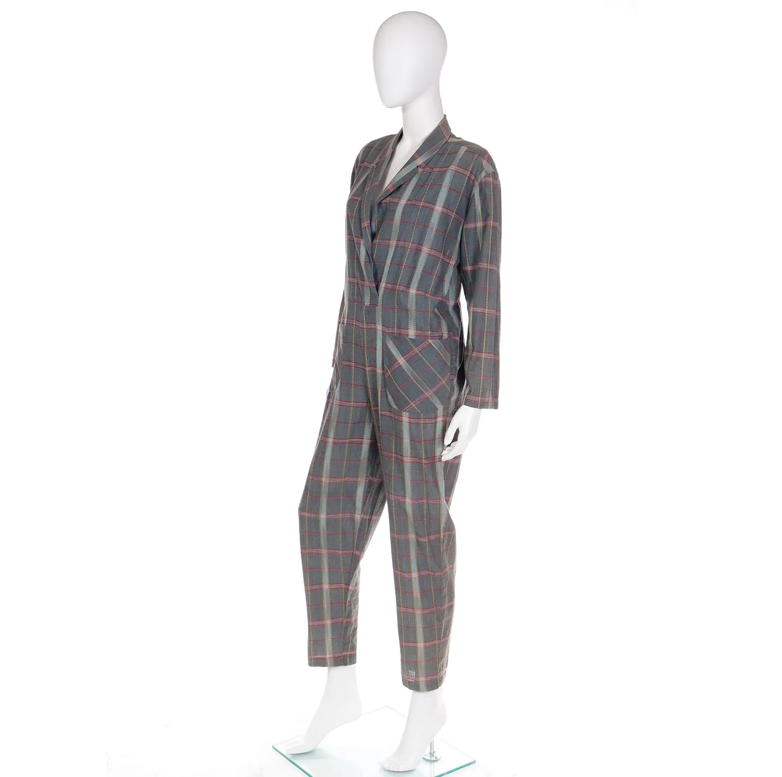 Norma Kamali Vintage 1980s Gray Burgundy Yellow Plaid Jumpsuit