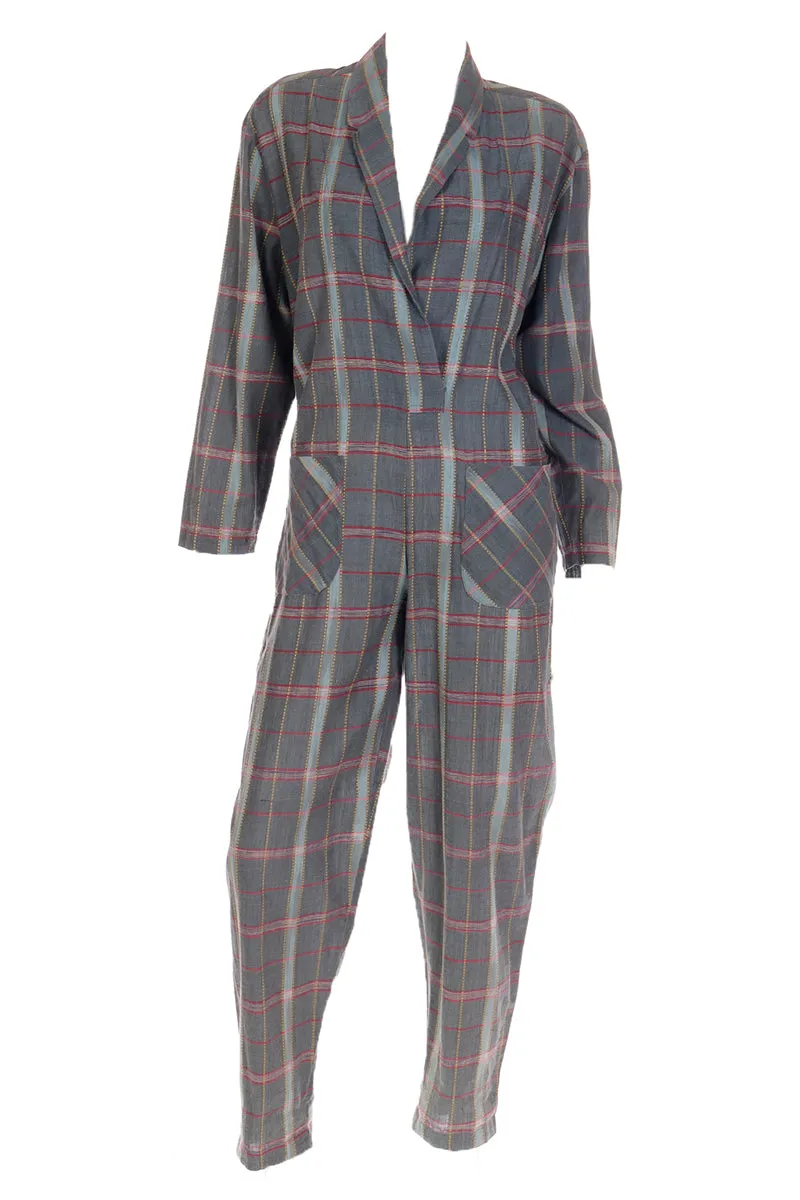 Norma Kamali Vintage 1980s Gray Burgundy Yellow Plaid Jumpsuit