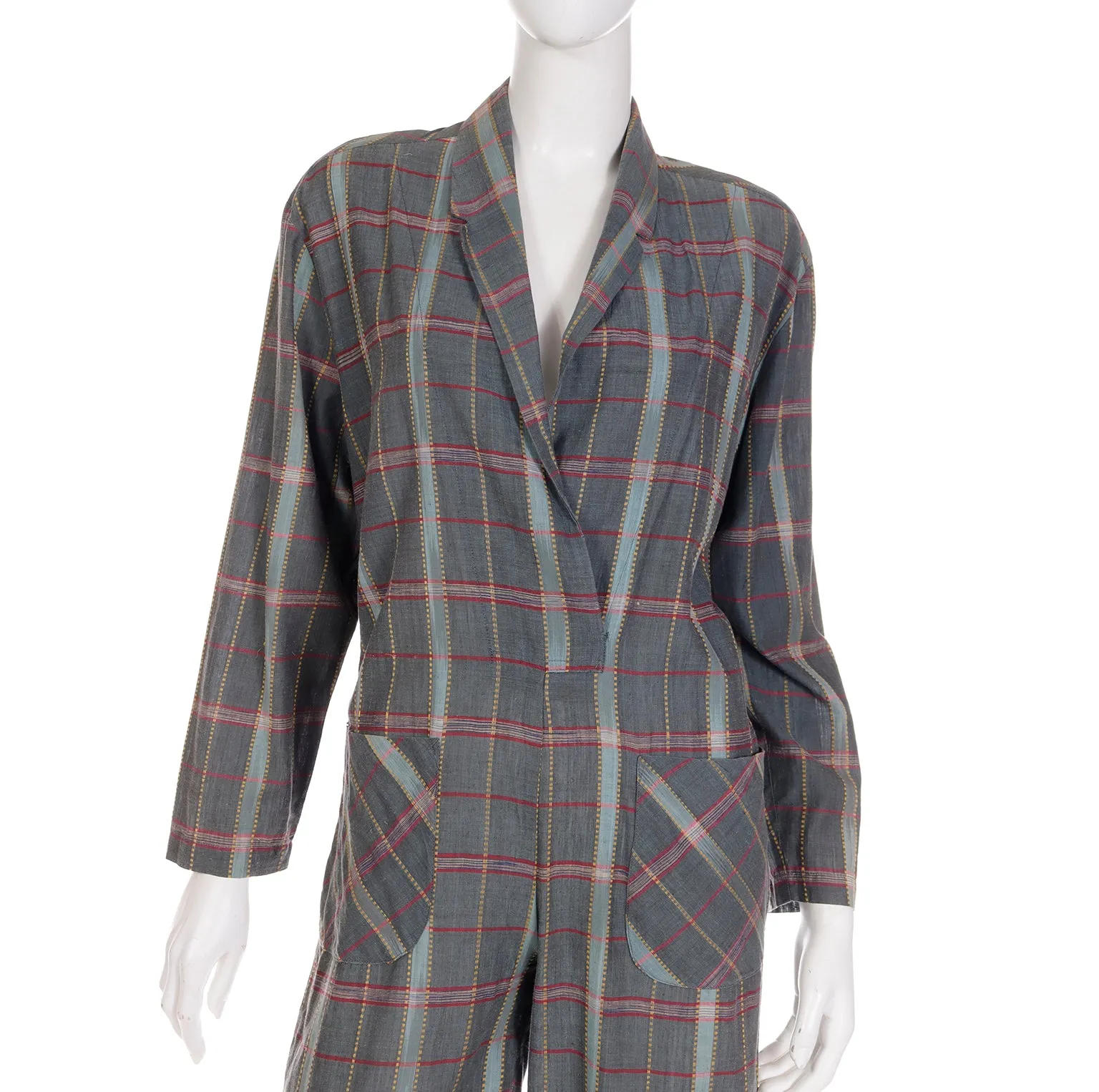 Norma Kamali Vintage 1980s Gray Burgundy Yellow Plaid Jumpsuit
