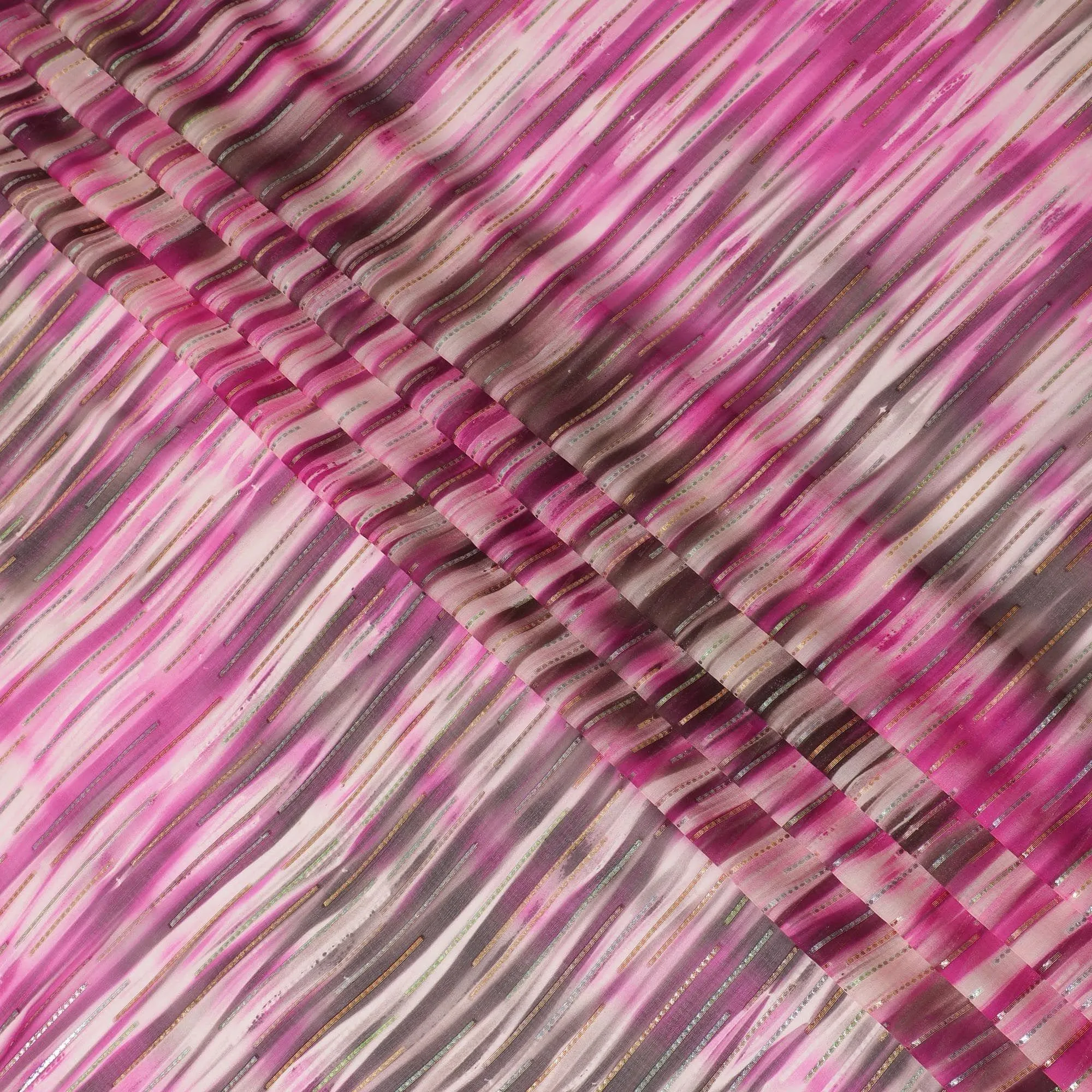 Off white premium pure silk chiffon fabric with pink, black print having gold and silver metallic lurex in stripe design-D13981