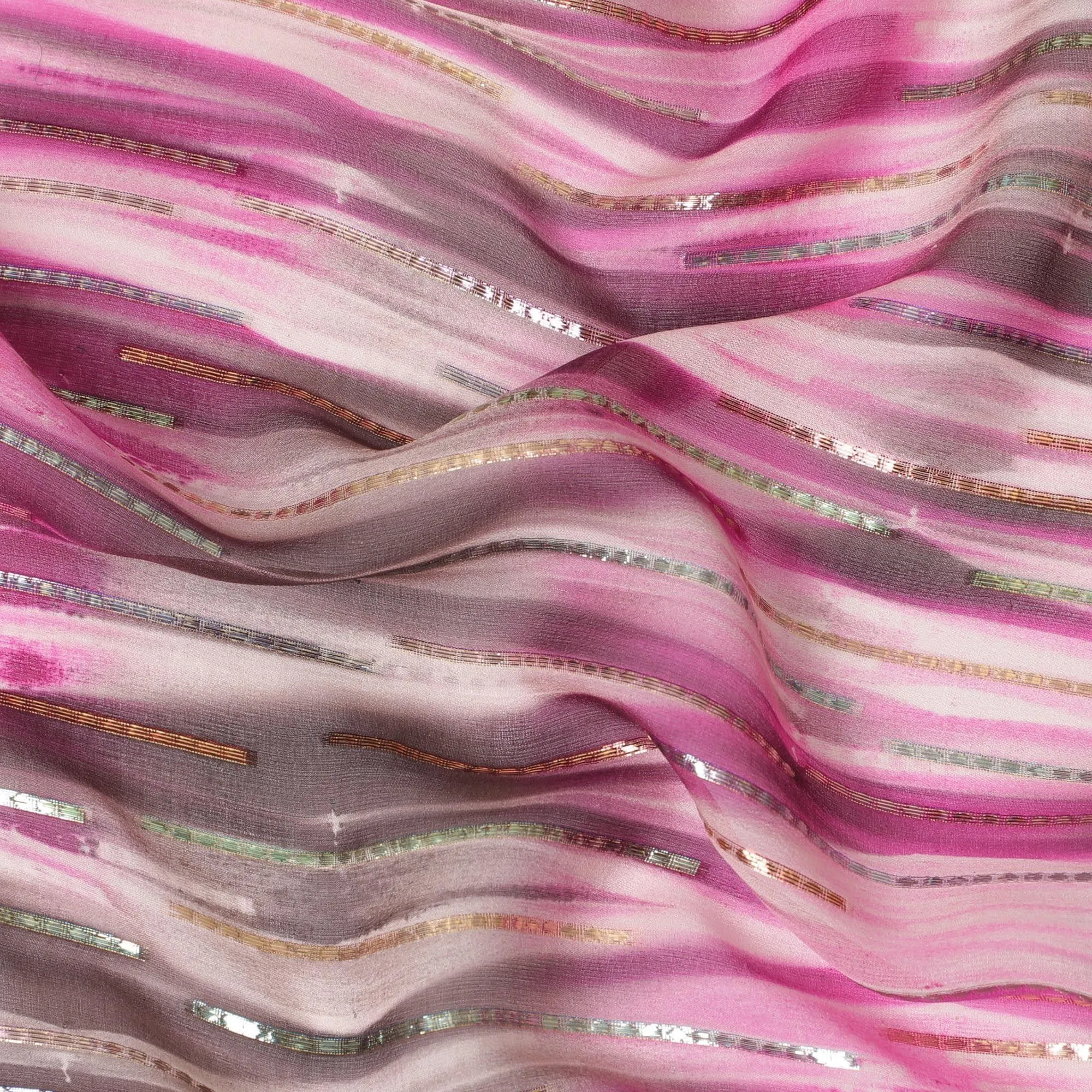 Off white premium pure silk chiffon fabric with pink, black print having gold and silver metallic lurex in stripe design-D13981