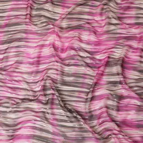 Off white premium pure silk chiffon fabric with pink, black print having gold and silver metallic lurex in stripe design-D13981