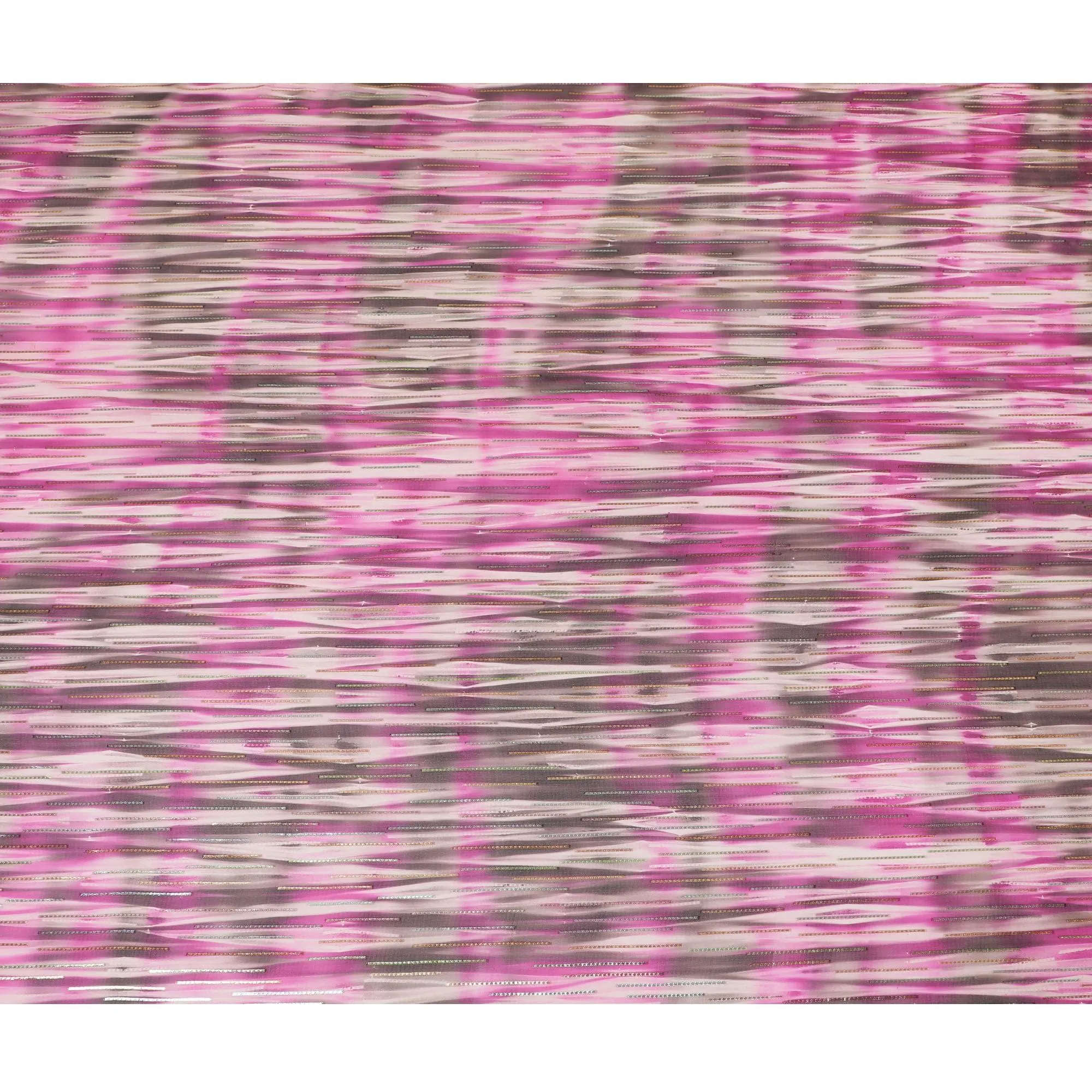 Off white premium pure silk chiffon fabric with pink, black print having gold and silver metallic lurex in stripe design-D13981