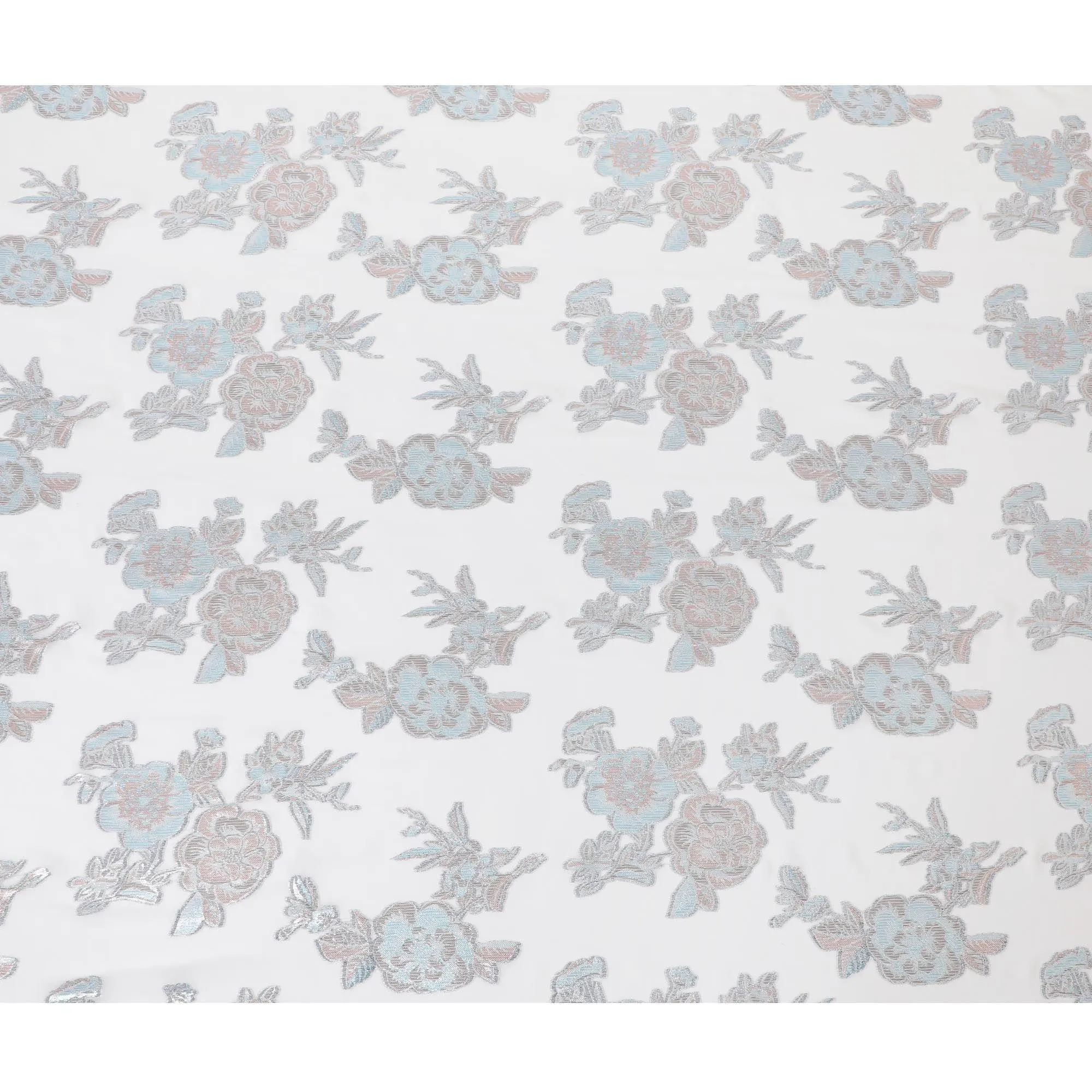 Off white premium pure silk chiffon fabric with silver, baby blue and copper metallic lurex in floral design-D11496