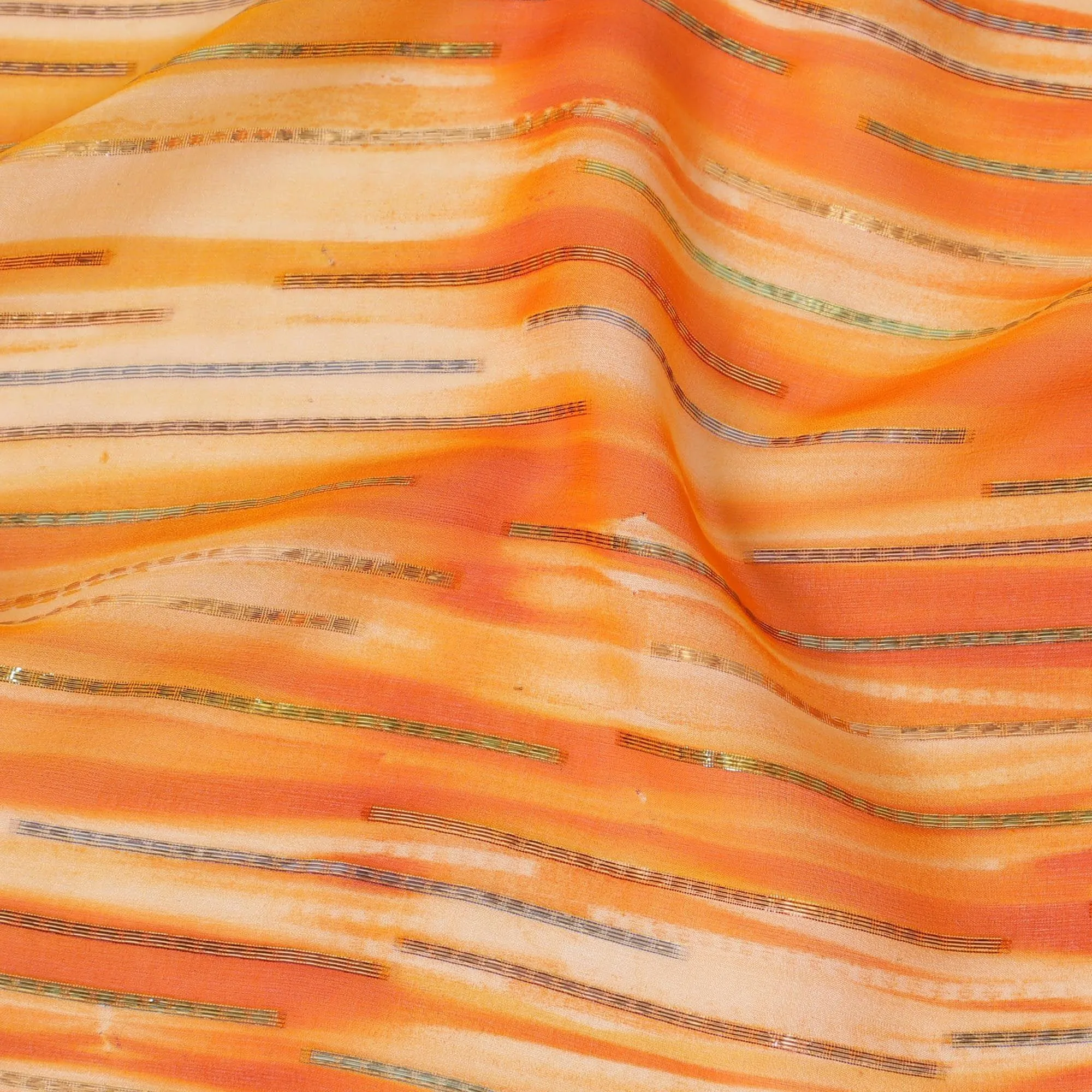 Orange premium pure silk chiffon fabric with gold and silver metallic lurex in stripe design-D13978