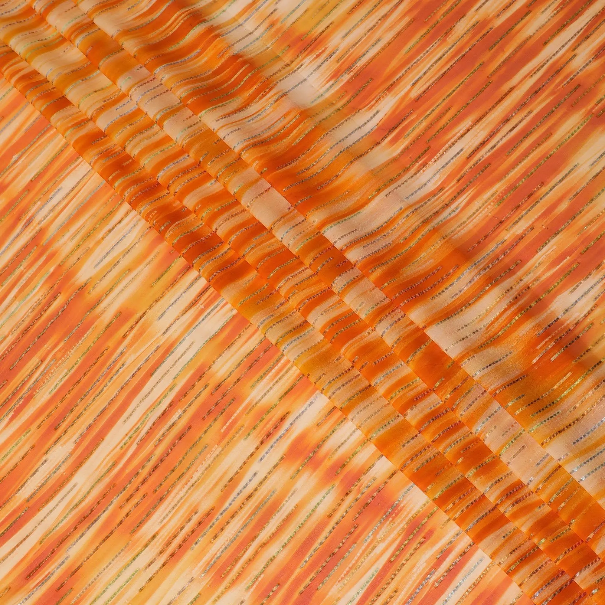 Orange premium pure silk chiffon fabric with gold and silver metallic lurex in stripe design-D13978