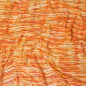 Orange premium pure silk chiffon fabric with gold and silver metallic lurex in stripe design-D13978