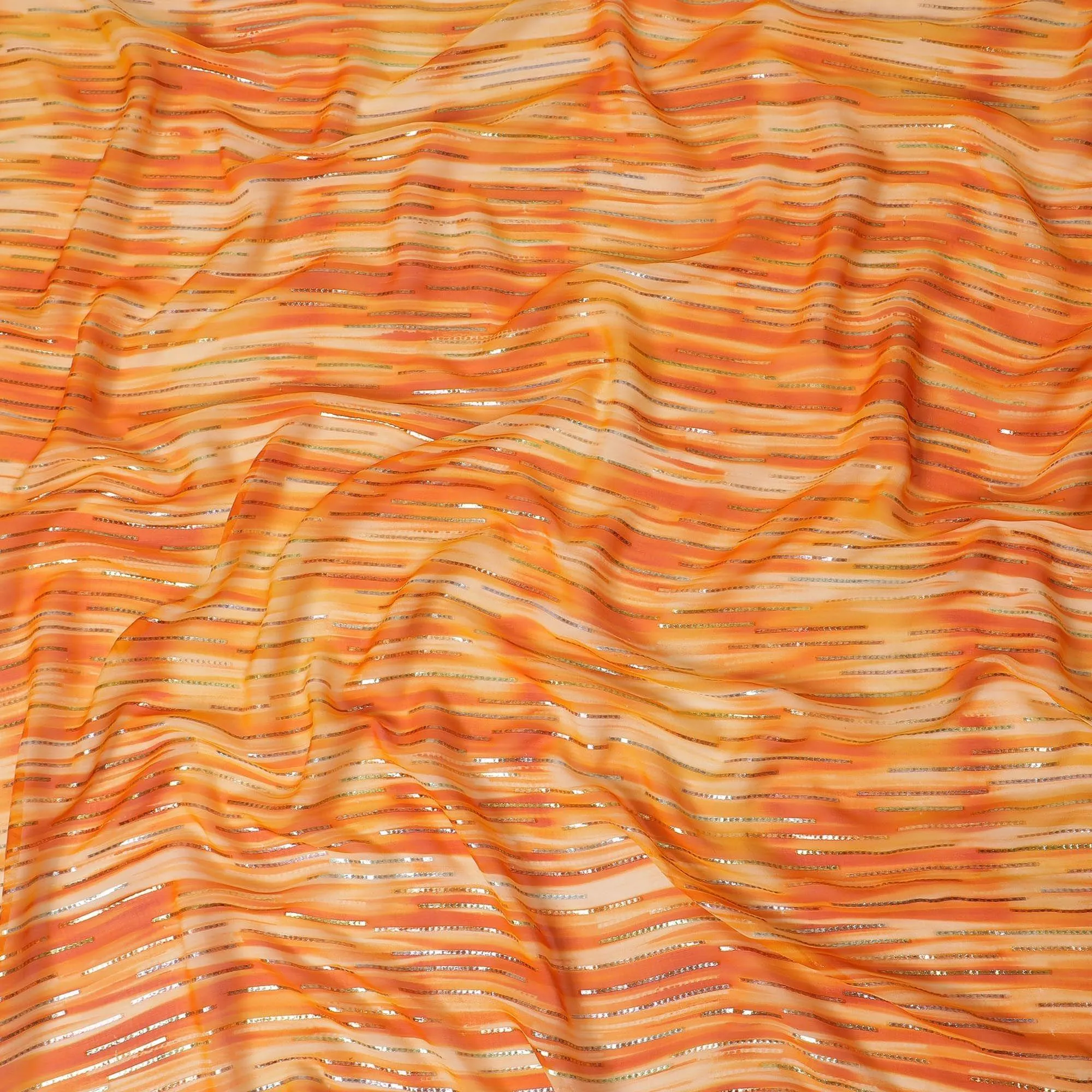 Orange premium pure silk chiffon fabric with gold and silver metallic lurex in stripe design-D13978