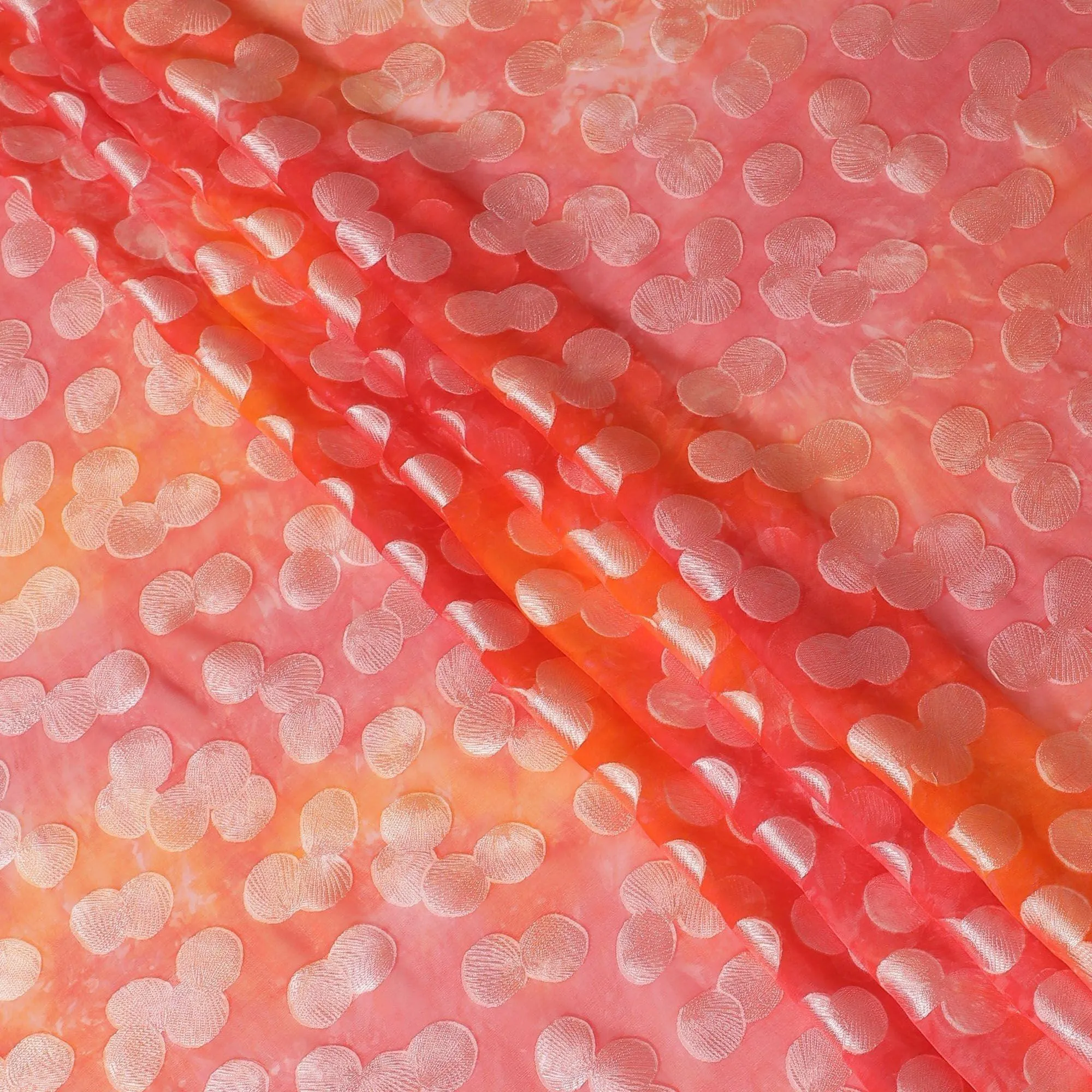 Orange premium pure silk chiffon fabric with multicolor print having silver viscose in dot design-D13117