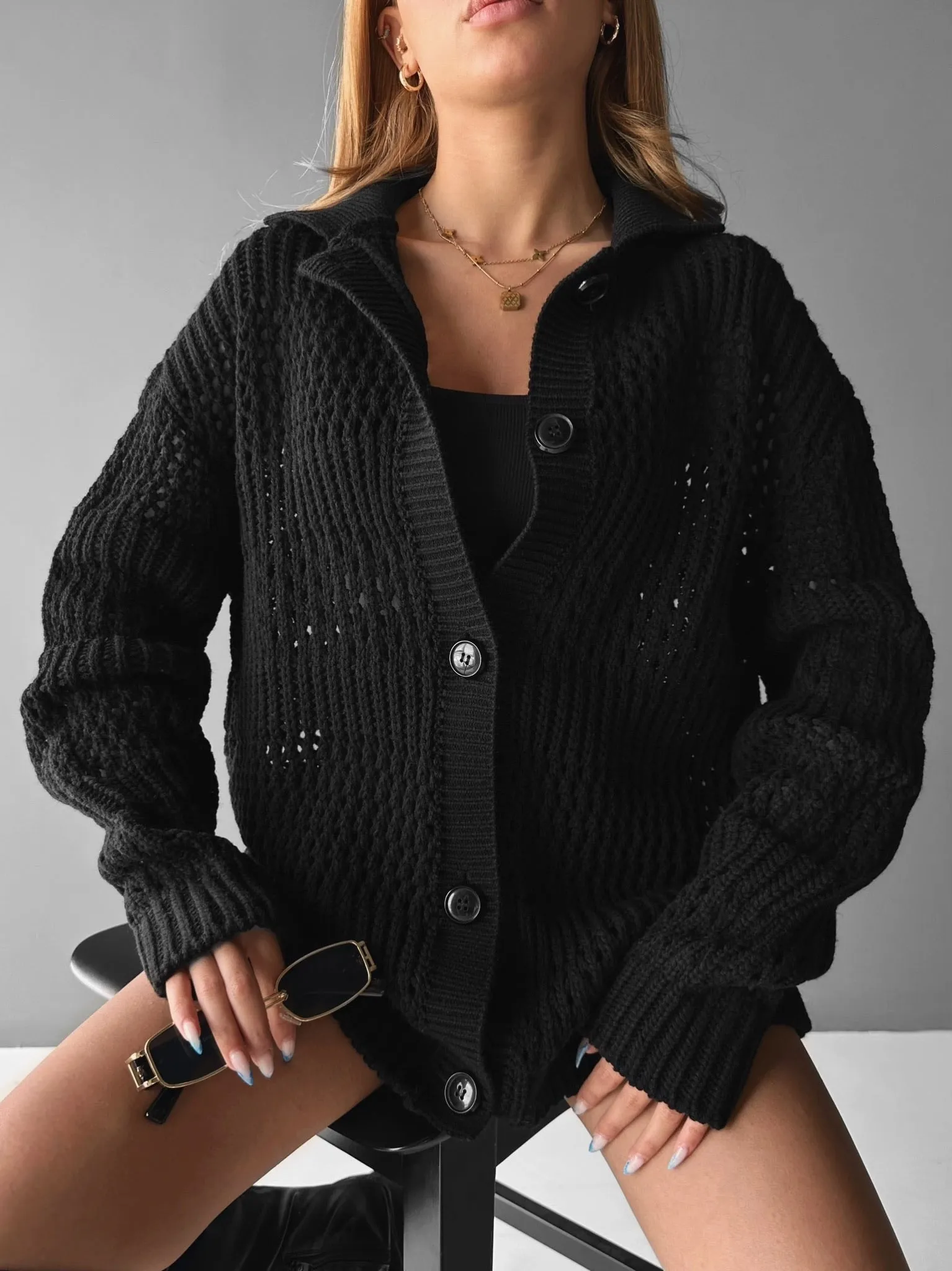 Oversize Holey Cardigan - Black